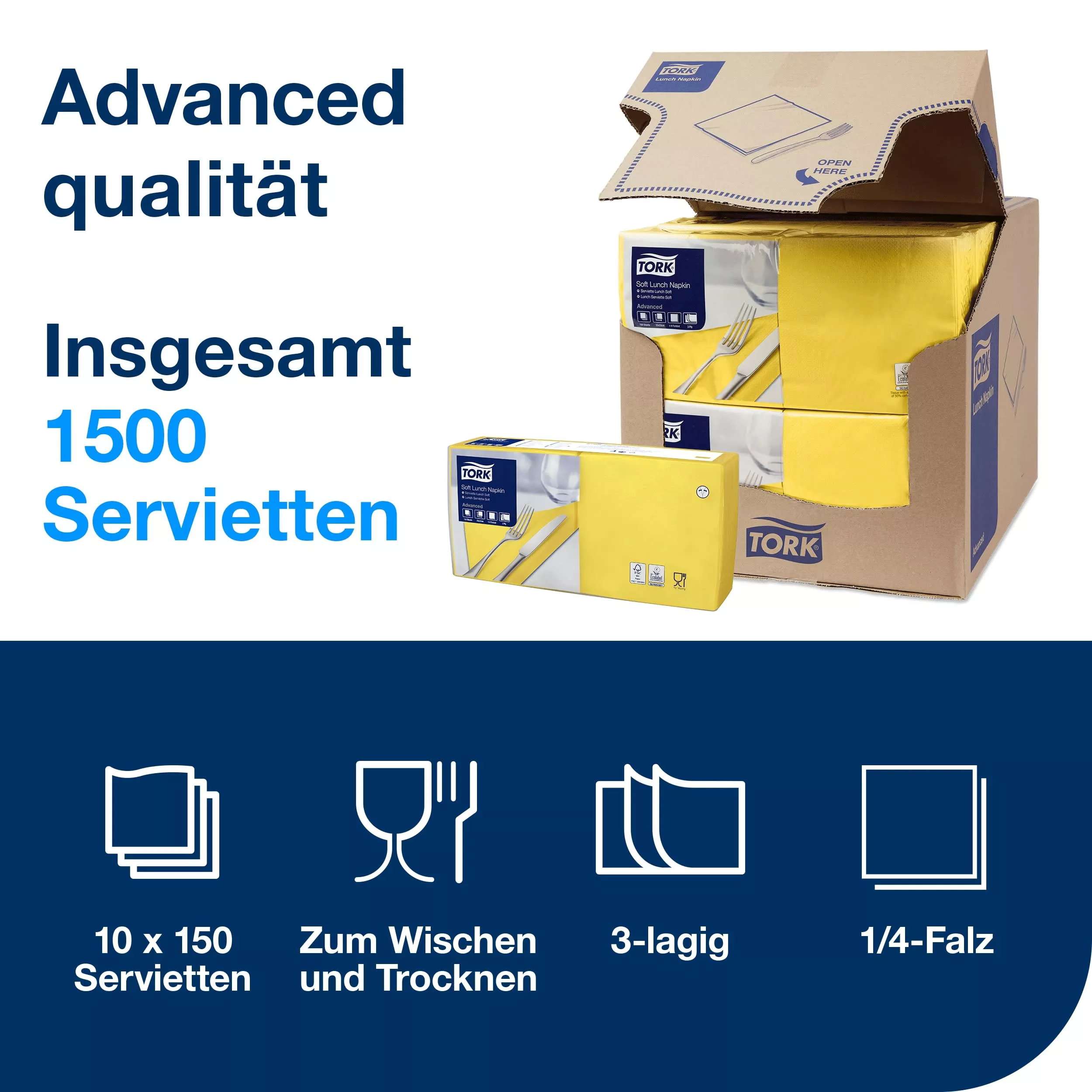 Tork Soft Lunchservietten Gelb, 1/4-Falz, 3-lagig, 33 cm × 33 cm, 10 × 150 Servietten, 477862