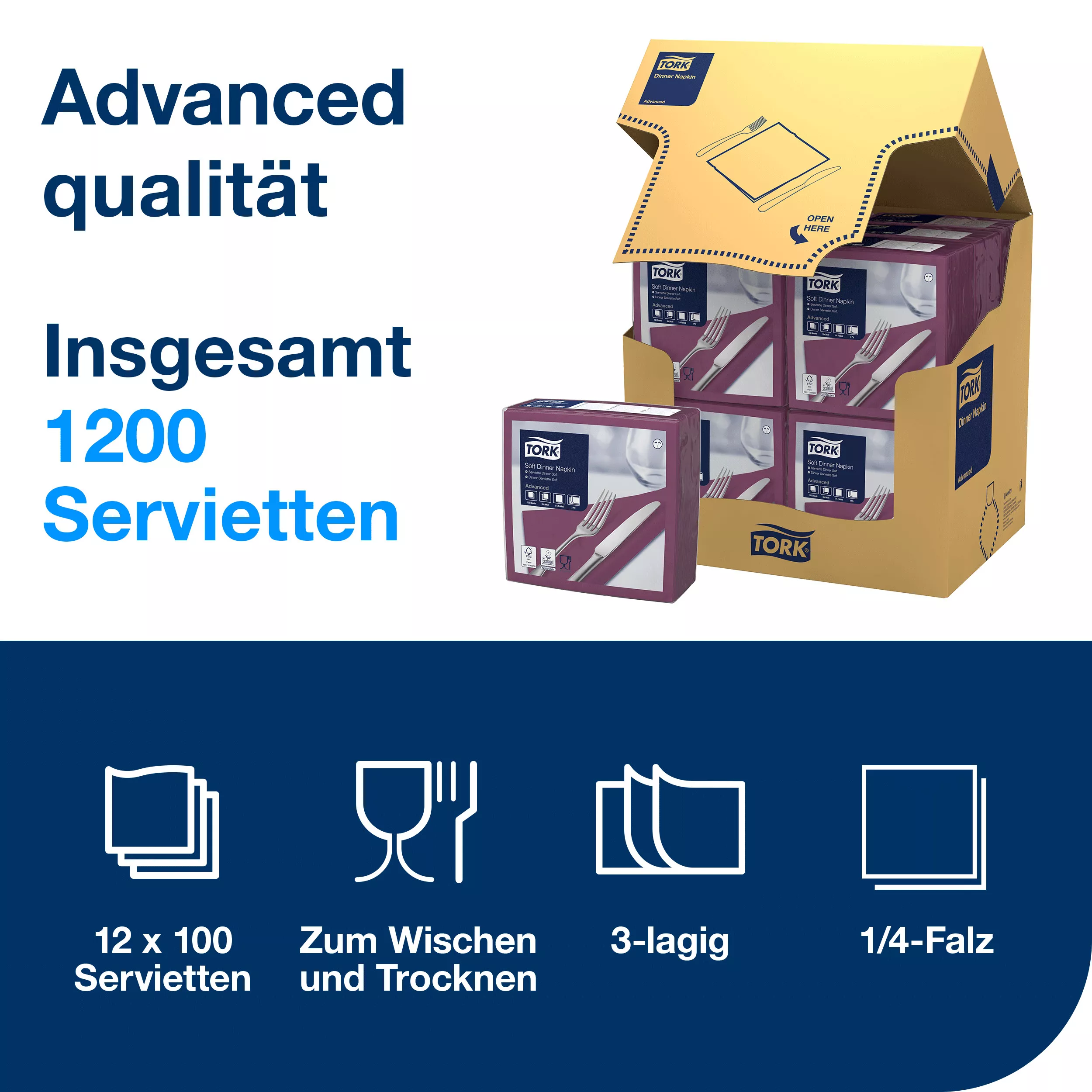 Tork Soft Dinnerservietten Violett, 1/4‑Falz, 3‑lagig, 40 cm × 39 cm, 12 × 100 Servietten, 477775