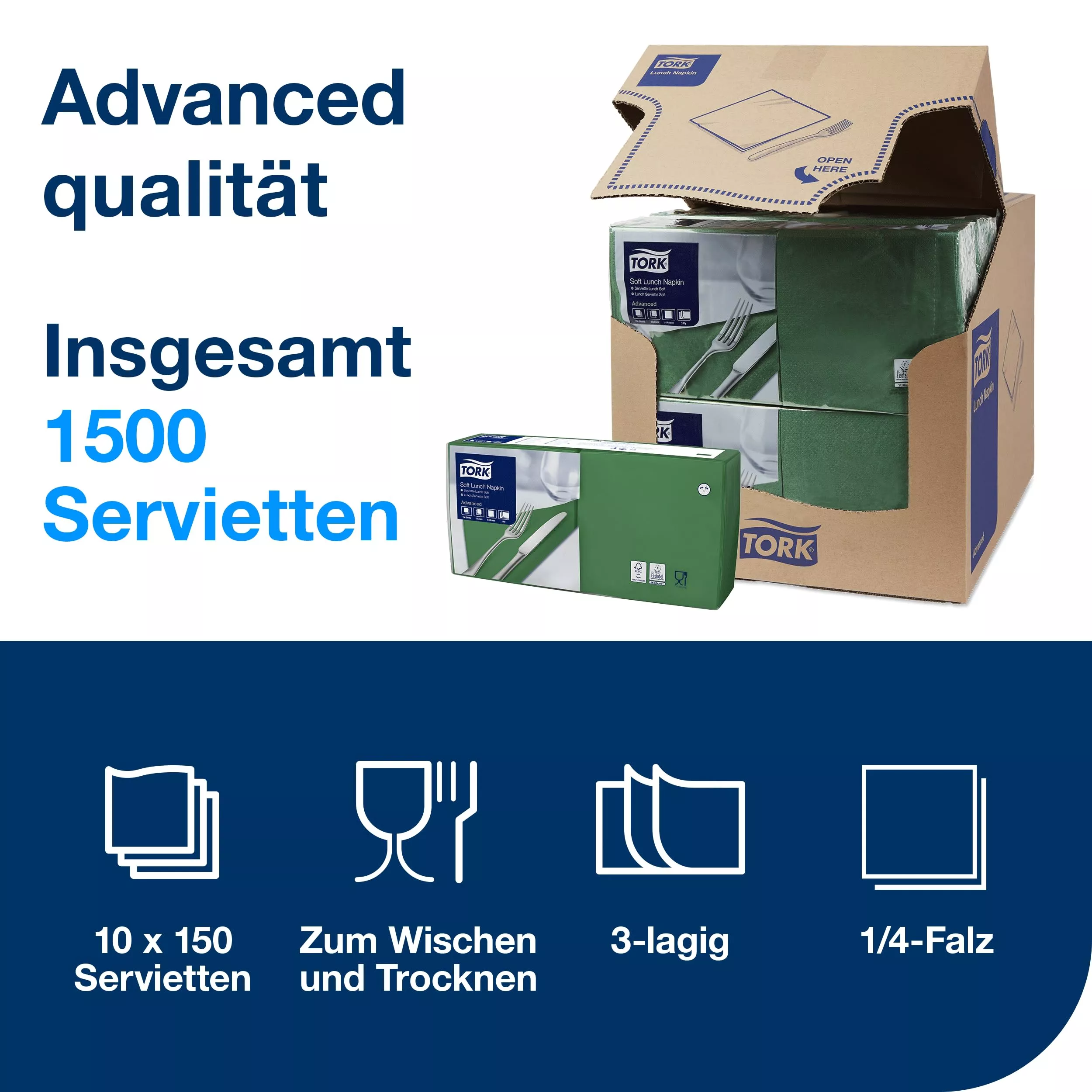 Tork Soft Lunchserviette Dunkelgrün, 1/4-Falz, 3-lagig, 33 cm × 33 cm, 10 × 150 Servietten, 477413
