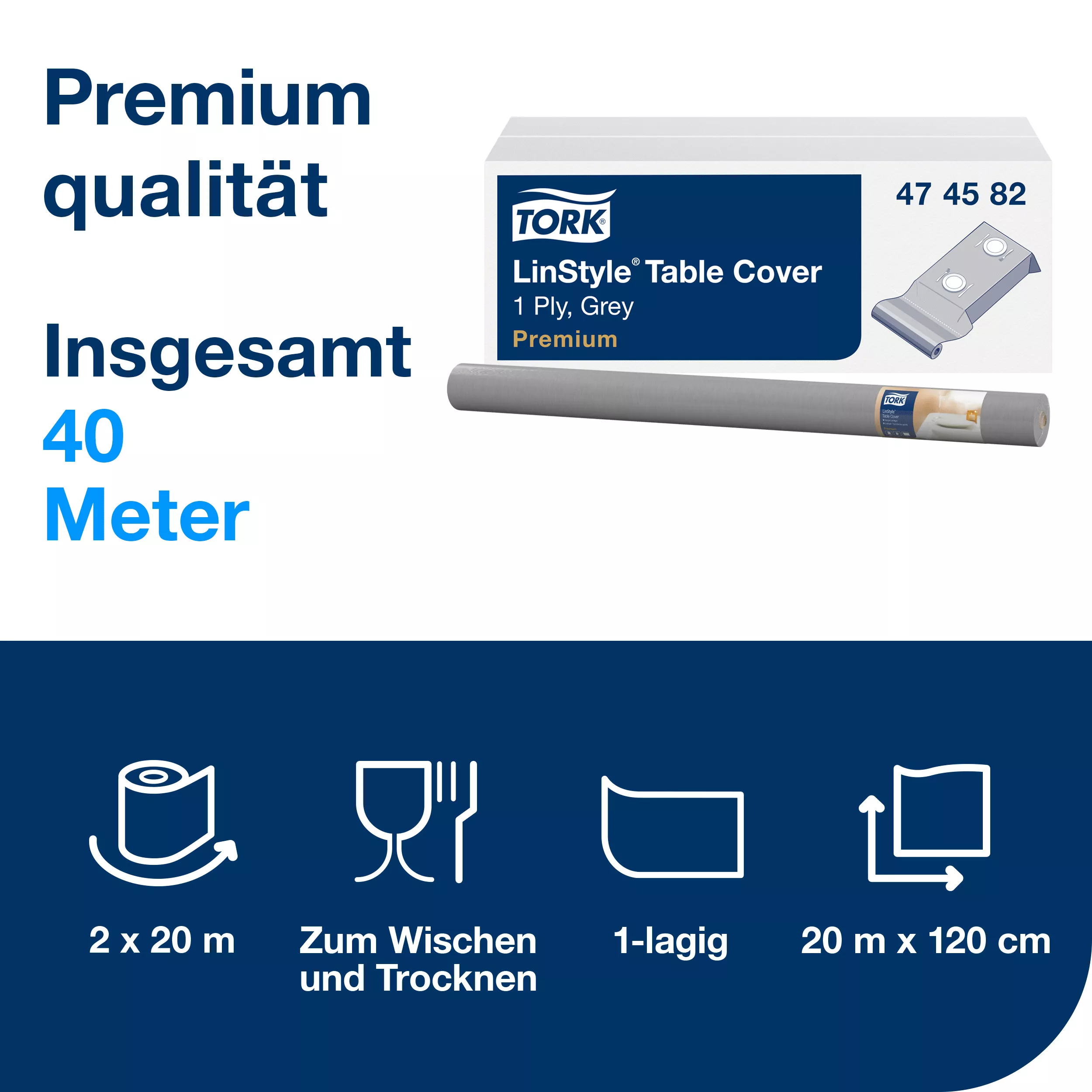 Tork LinStyle® Tischdecke gerollt Grau, robust, 1-lagig, 20 m × 120 cm, 2 Rollen, 474582