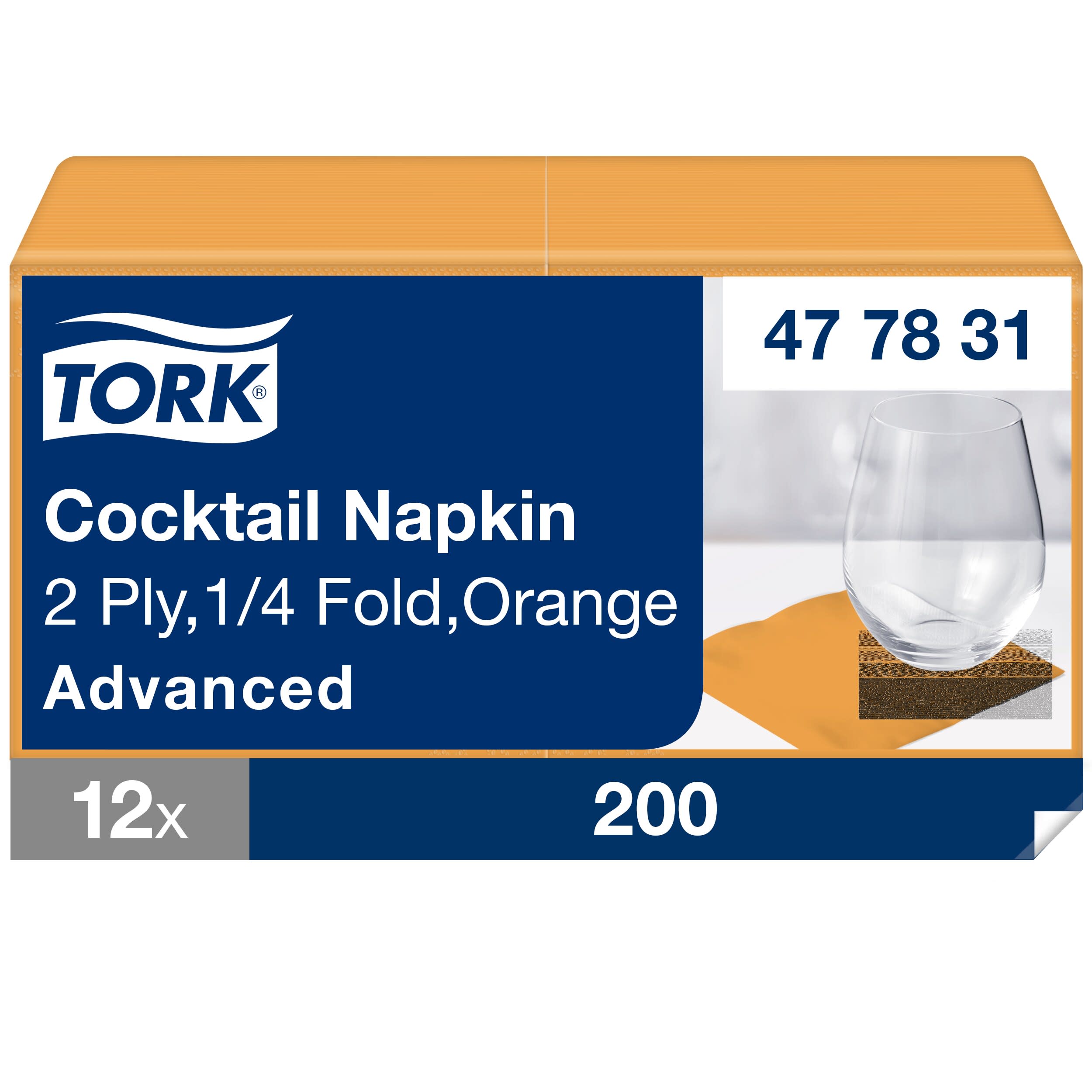 Tork Cocktailservietten Orange, 1/4-Falz, 2-lagig, 24 cm × 24 cm, 12 × 200 Servietten, 477831