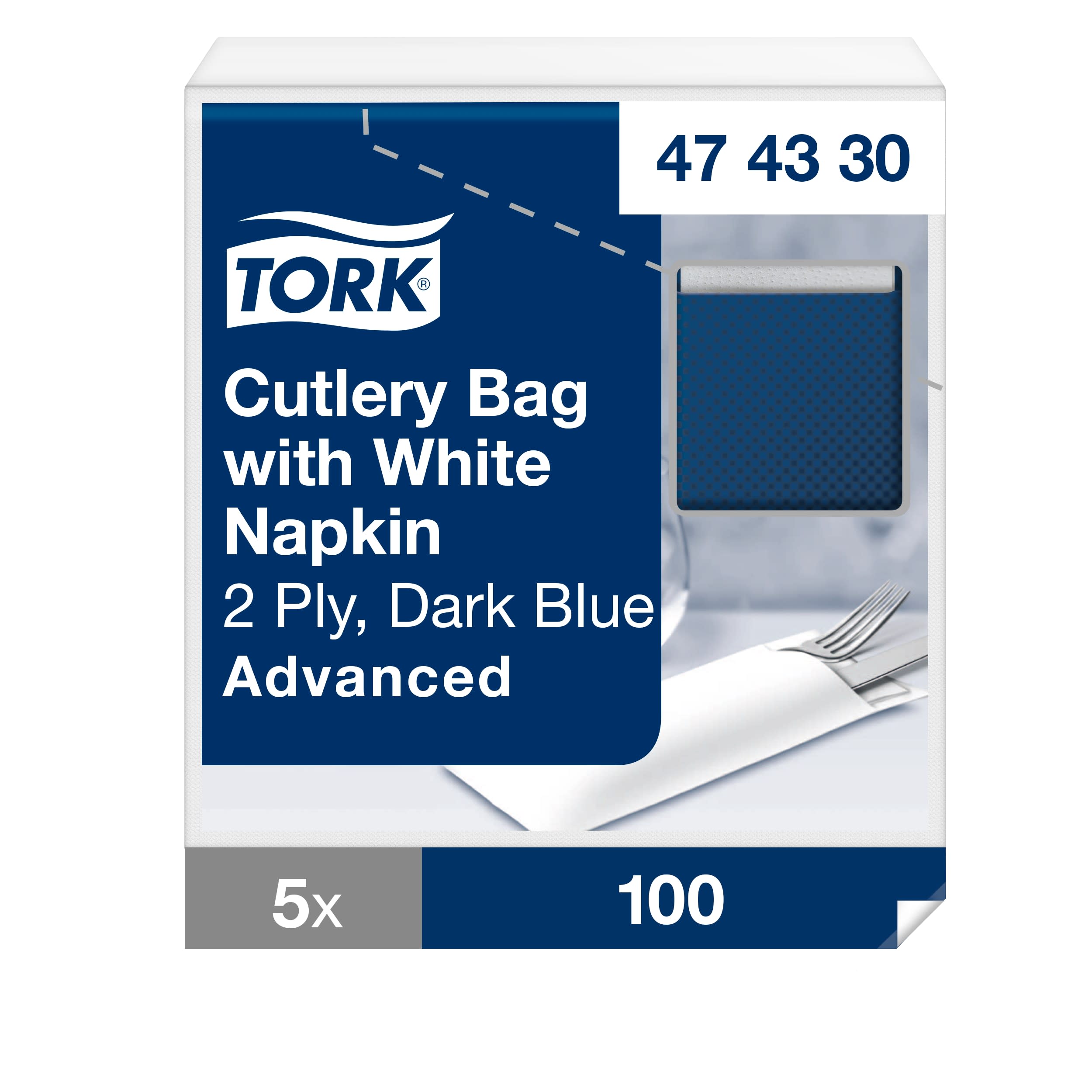 Tork hygienische Bestecktaschen Dunkelblau, mit Serviette Weiß, 5 × 100 Bestecktaschen, 474330