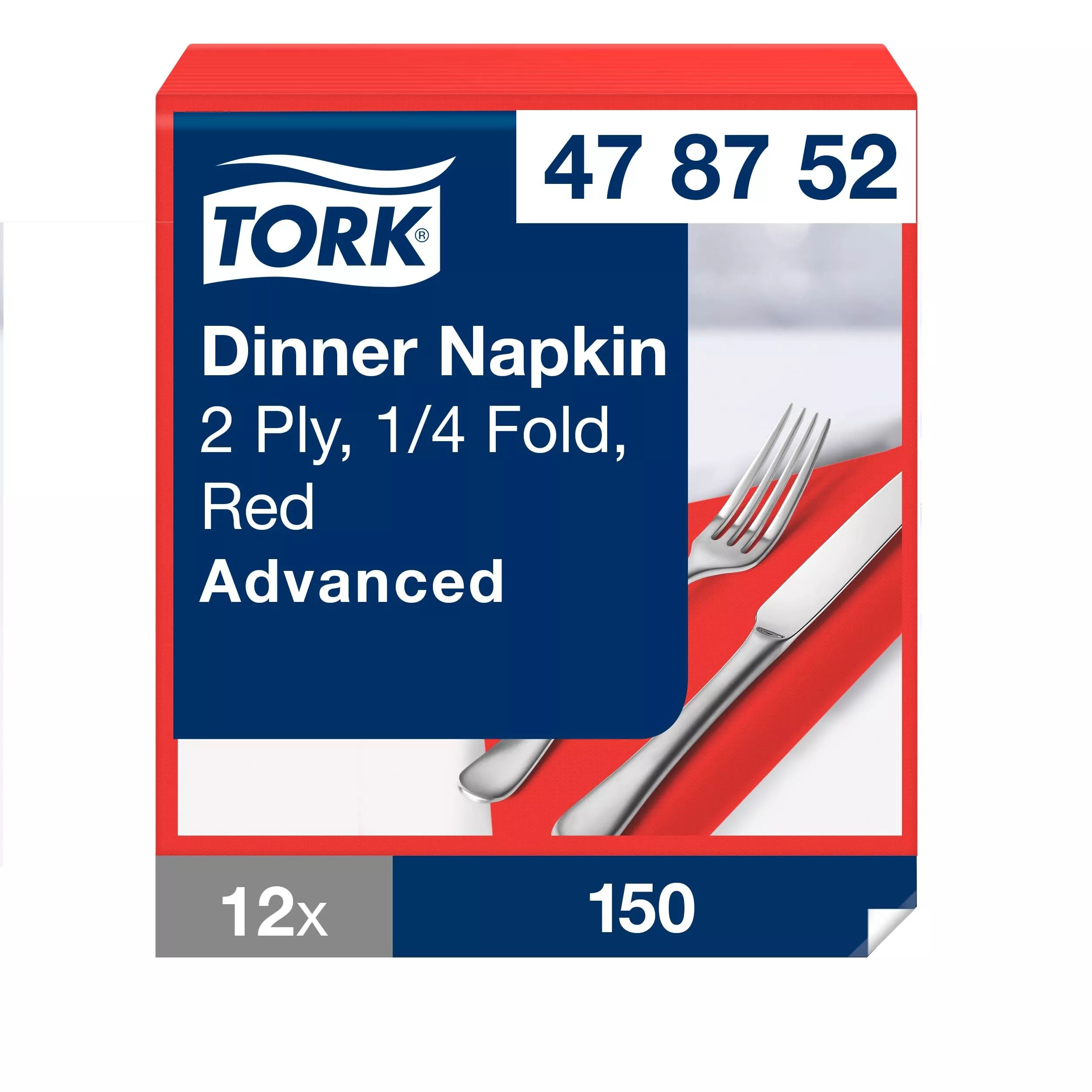 Tork Dinnerservietten Rot, 1/4-Falz, 2‑lagig, 40 cm × 39 cm, 12 × 150 Servietten, 478752