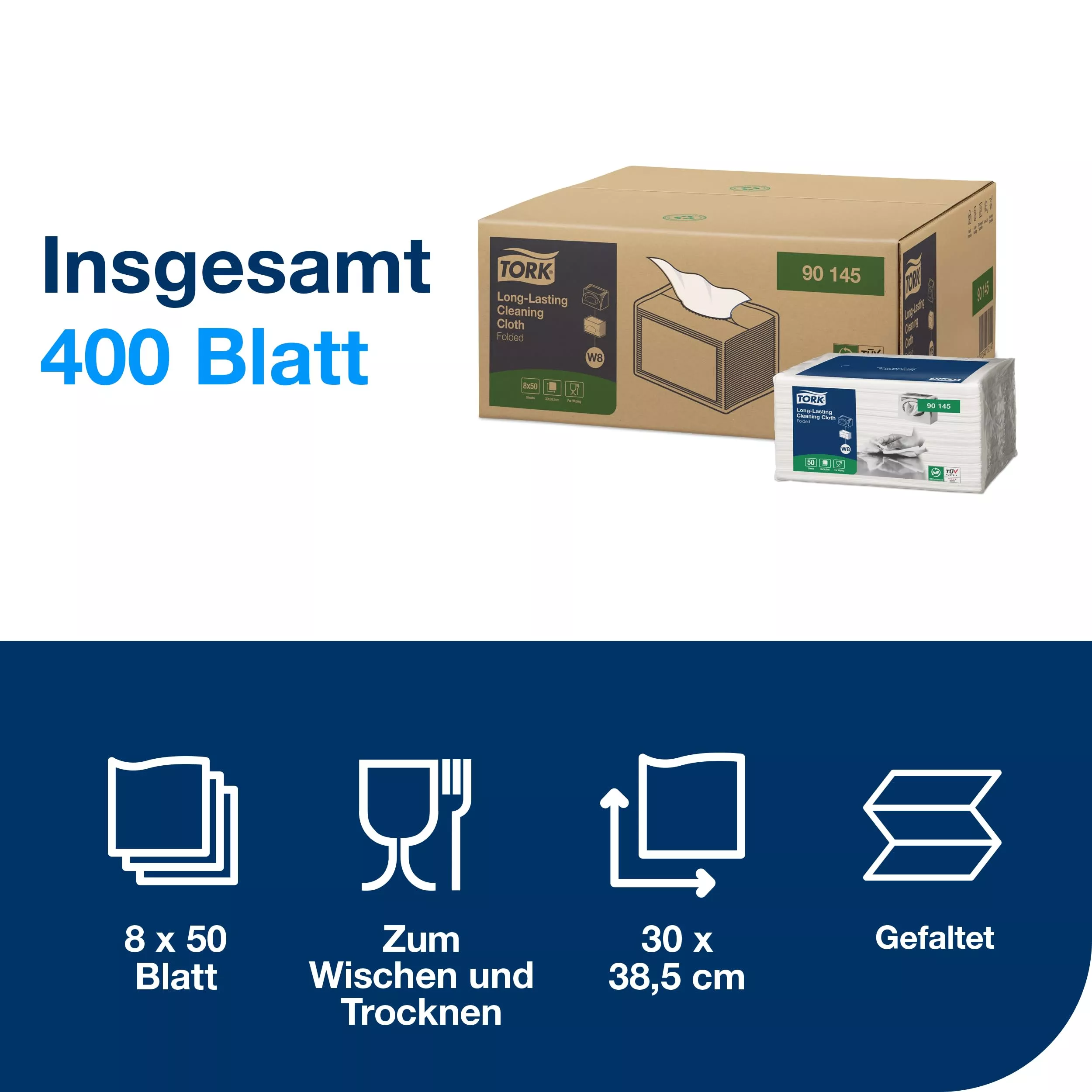 Tork Langlebige Reinigungstücher Weiß W8, gefaltet, für Lösungsmittel geeignet, 8 × 50 Tücher, 90145