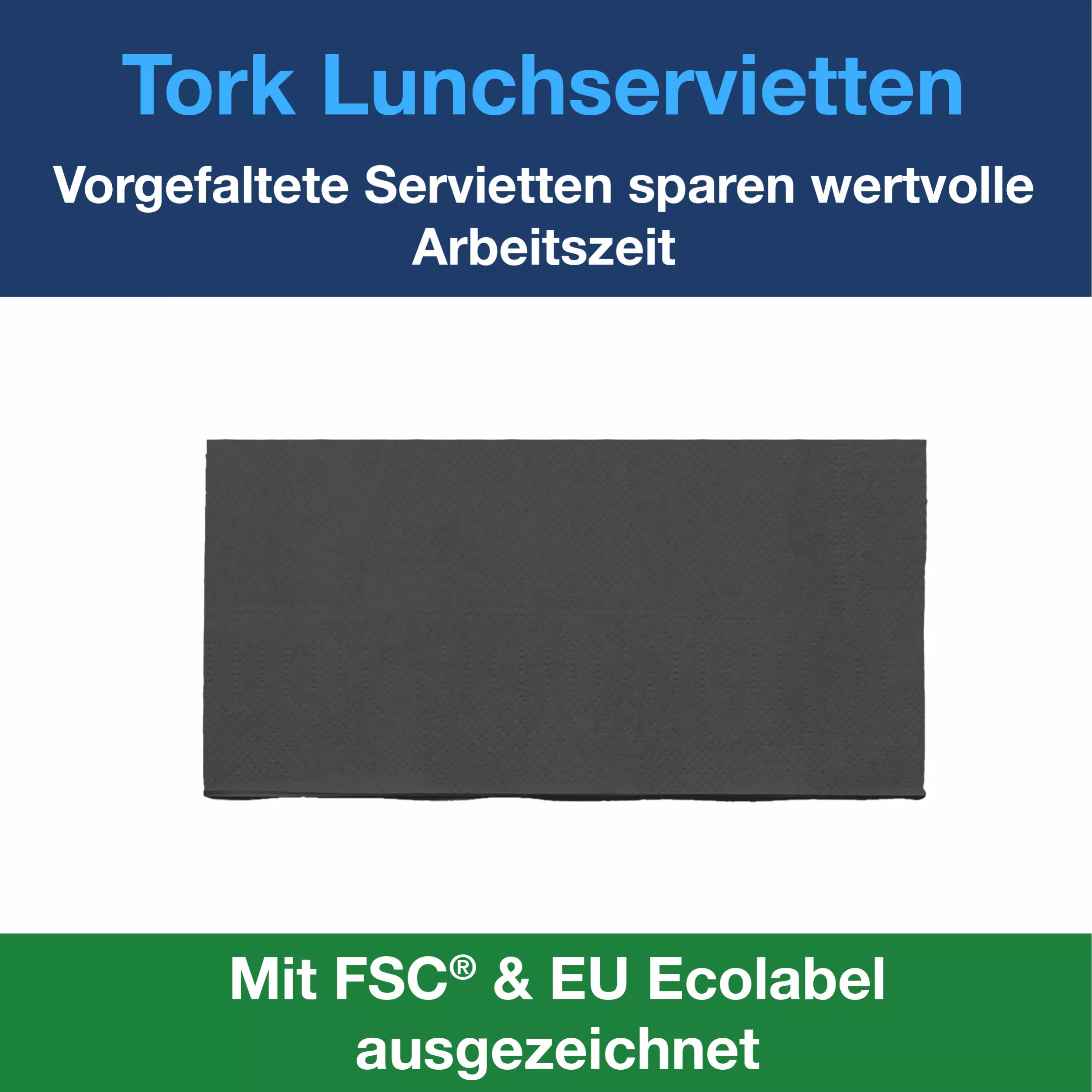 Tork Lunchserviette Schwarz, 1/8-Falz, 2-lagig, 33 cm × 33 cm, 10 × 200 Servietten, 477851