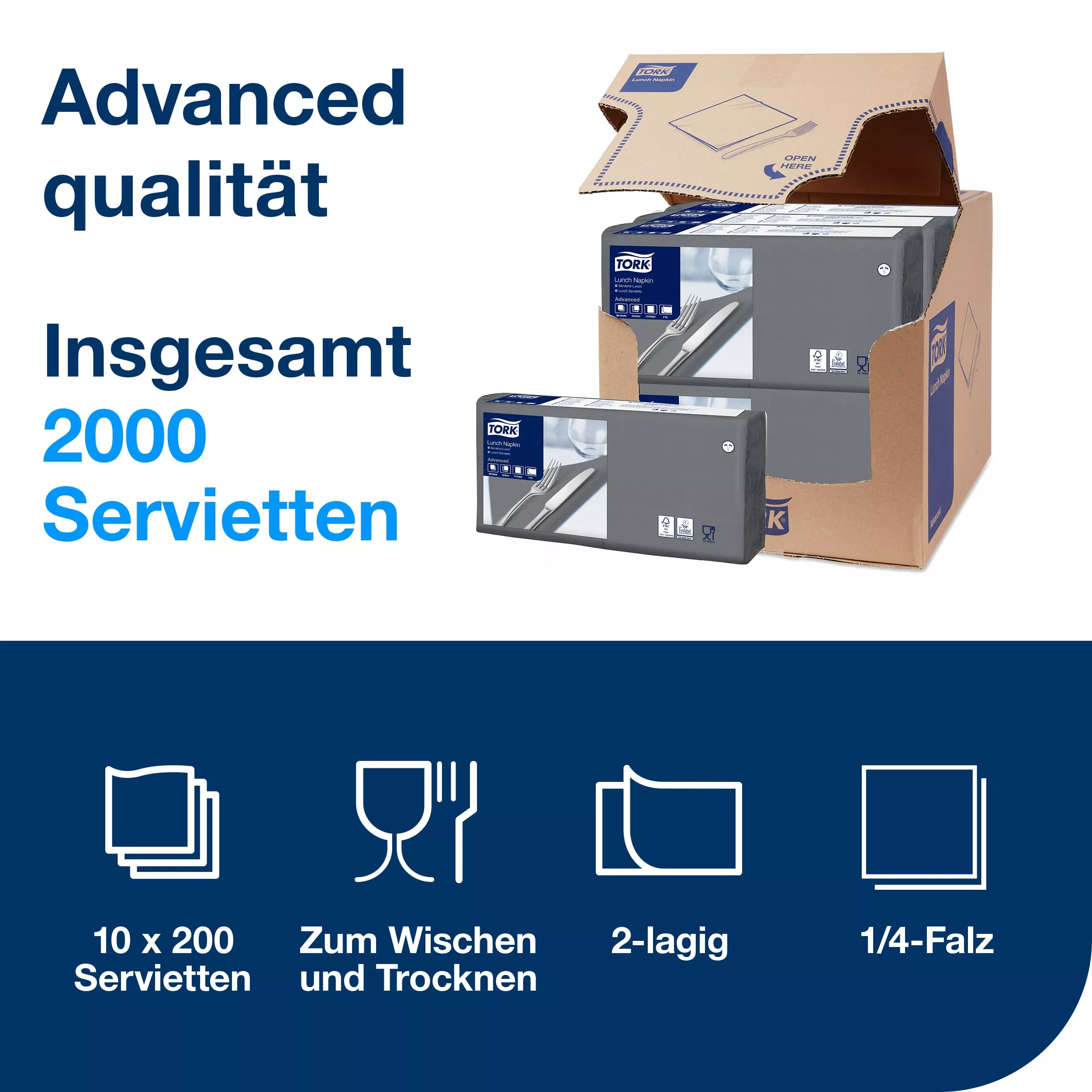 Tork Lunchservietten Anthrazit, 1/4-Falz, 2-lagig, 33 cm × 33 cm, 10 × 200 Servietten, 477846