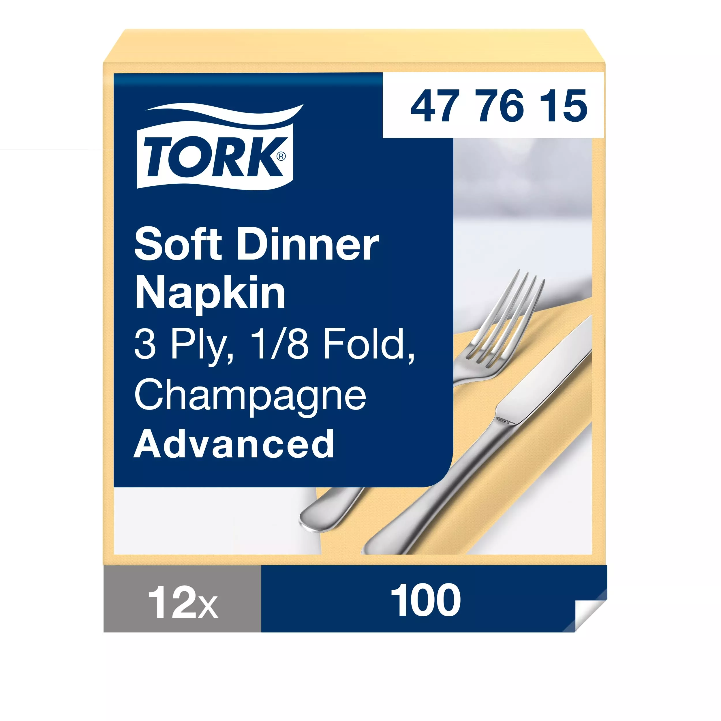 Tork Soft Dinnerservietten Champagner, 1/8‑Falz, 3‑lagig, 39 cm × 39 cm, 12 × 100 Servietten, 477615