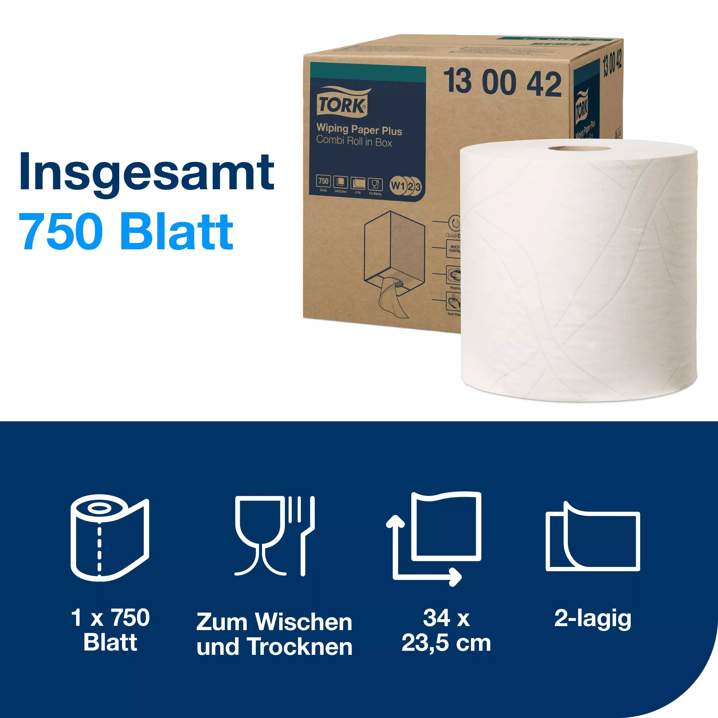 Tork Starke Mehrzweck-Papierwischtücher Weiß W1/2/3, 1 × 750 m Rolle, 130042