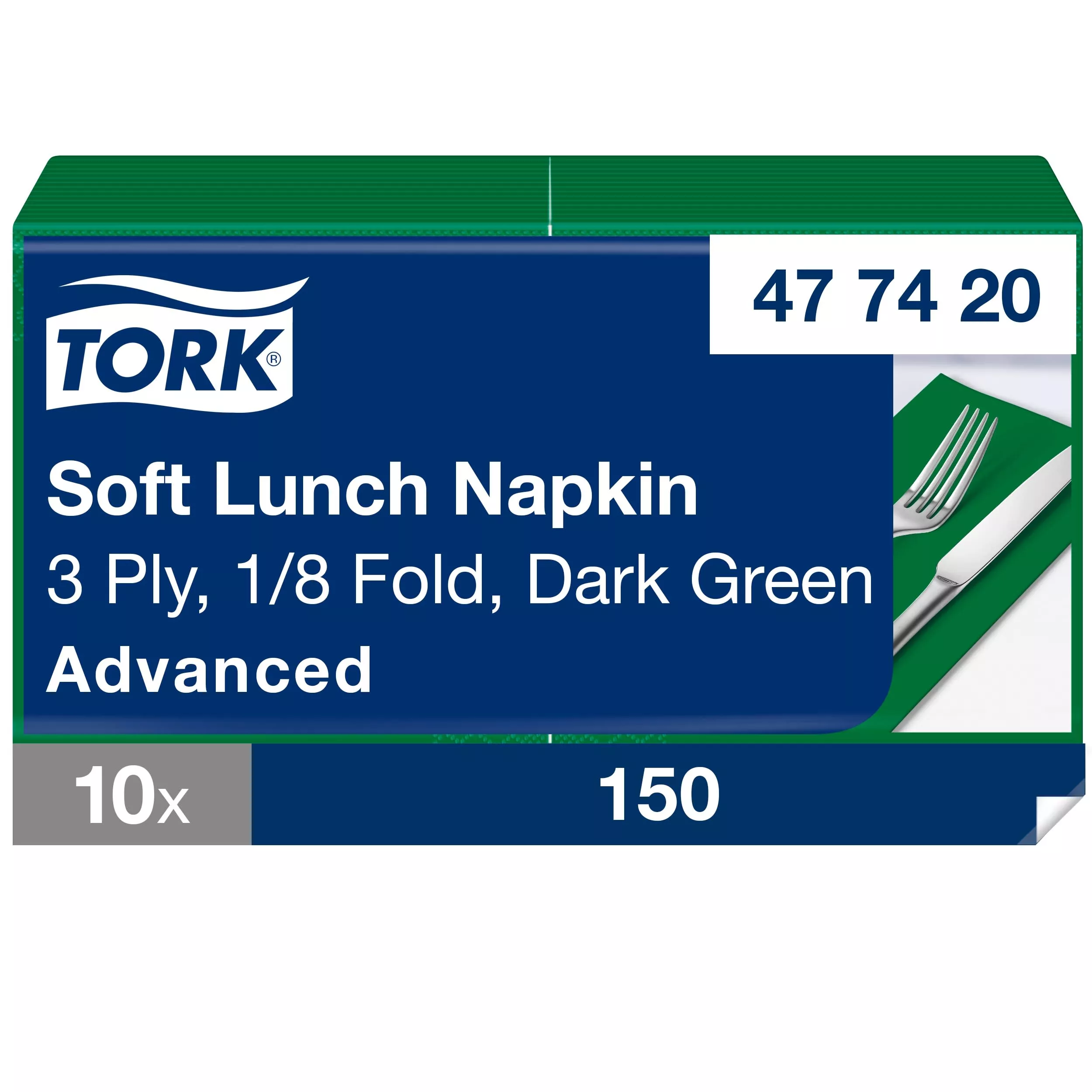 Tork Lunchserviette Dunkelgrün, 1/8-Falz, 3-lagig, 33 cm × 33 cm, 10 × 150 Servietten, 477420