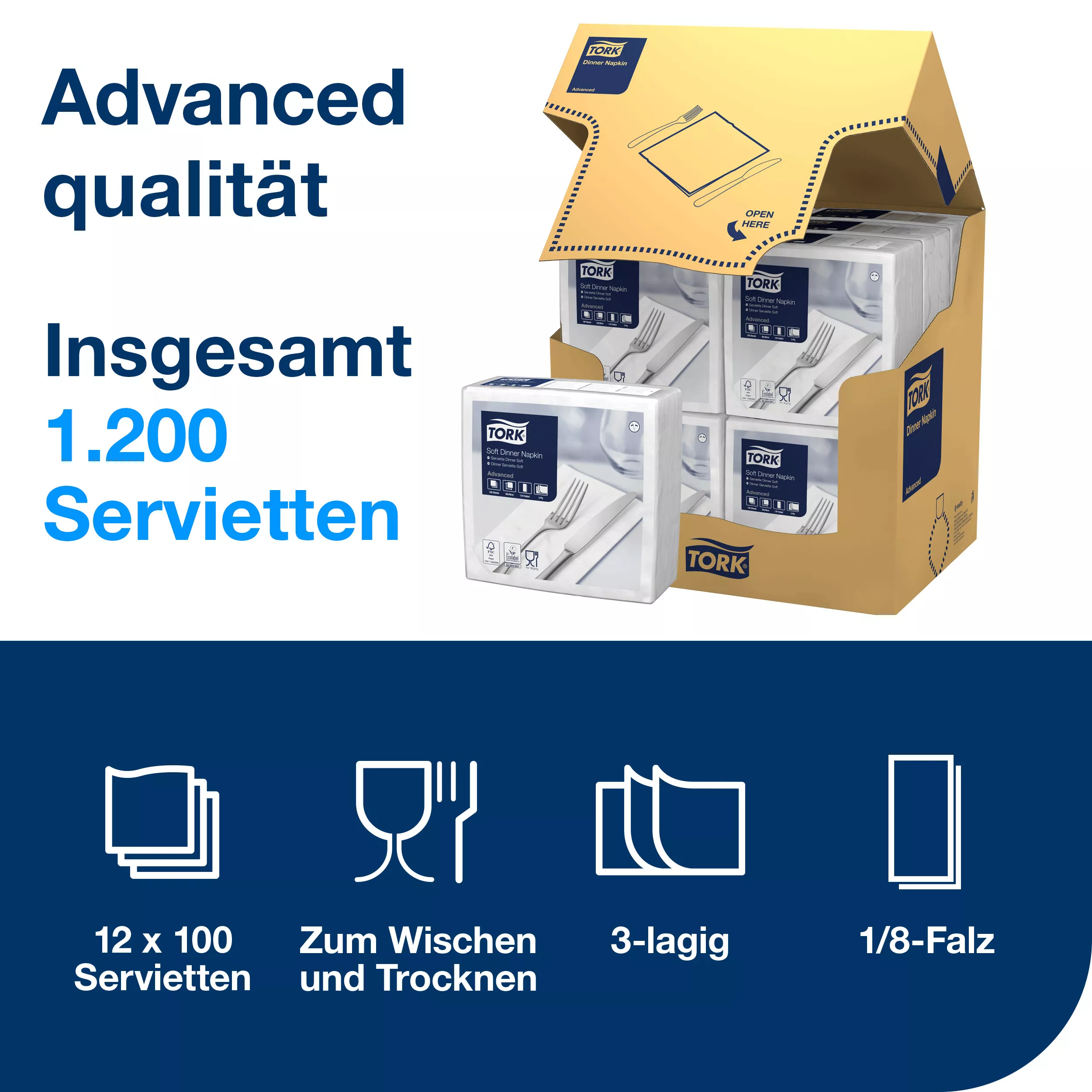 Tork Soft Dinnerservietten Weiß, 1/8‑Falz, 3‑lagig, 39 cm × 39 cm, 12 × 100 Servietten, 477579