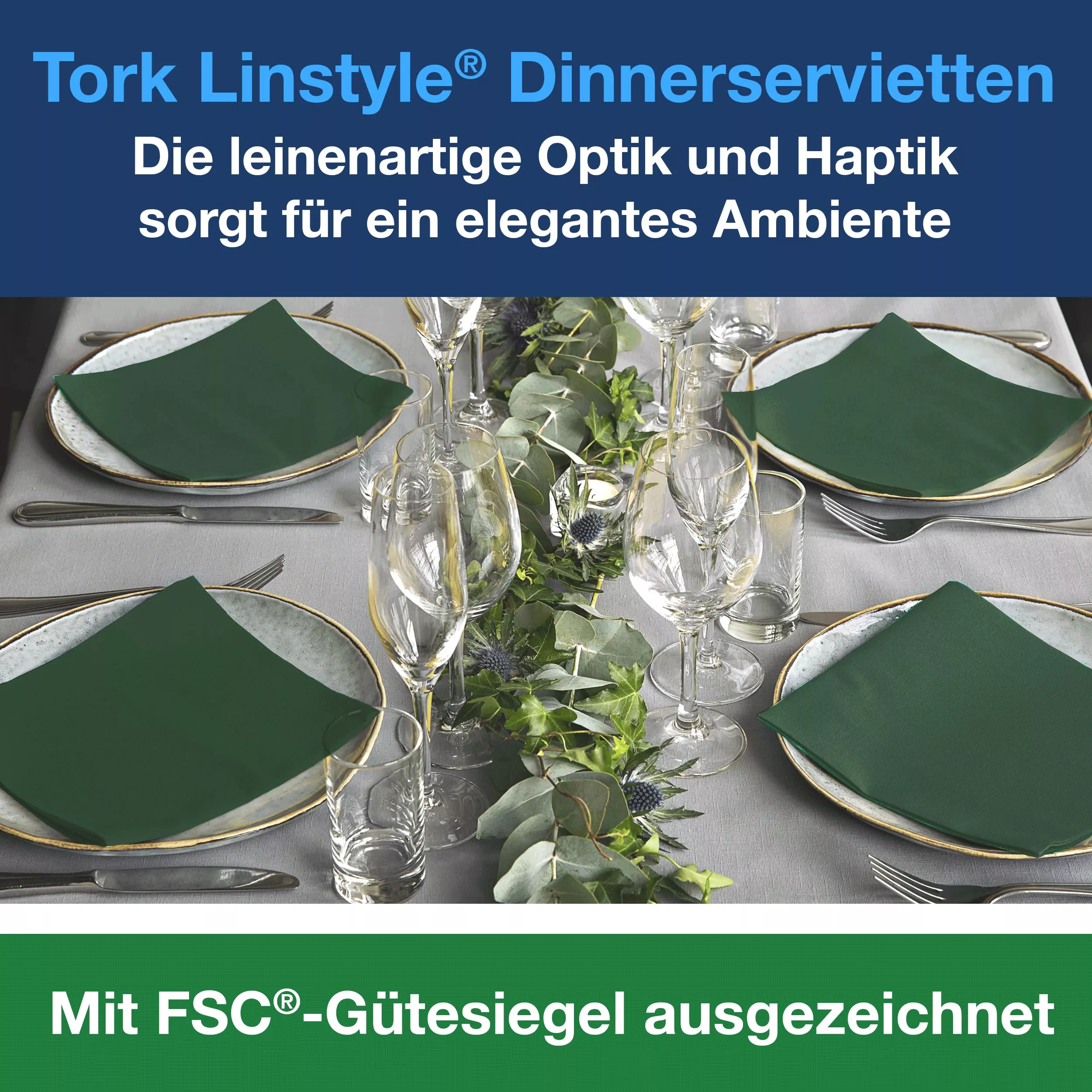 Tork LinStyle® Dinnerservietten Piniengrün, 1/4‑Falz, 39 cm × 39 cm, 12 × 50 Servietten, 478847