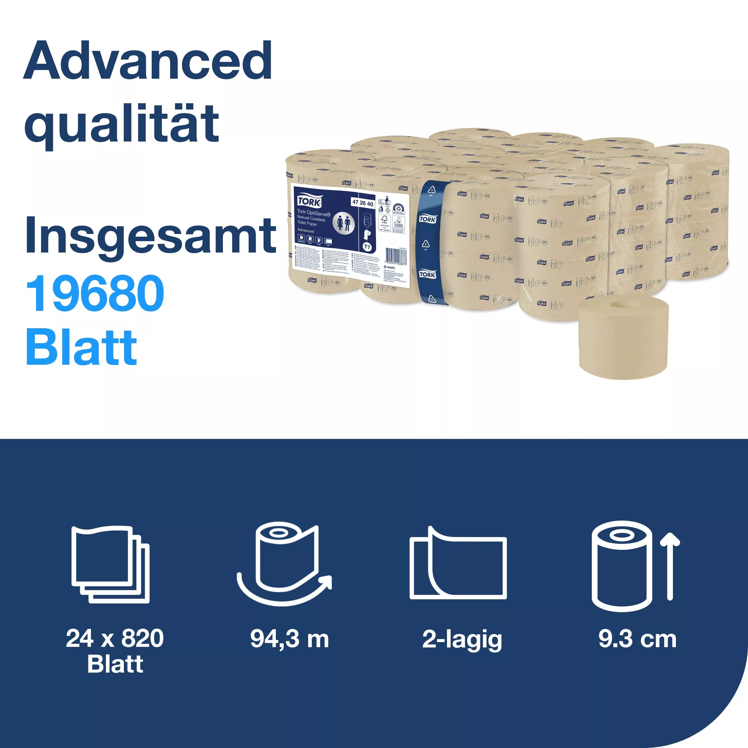 Tork OptiServe® Hülsenloses Toilettenpapier Natur T7, Advanced, 2‑lagig, 24 × 820 Blatt, 472640