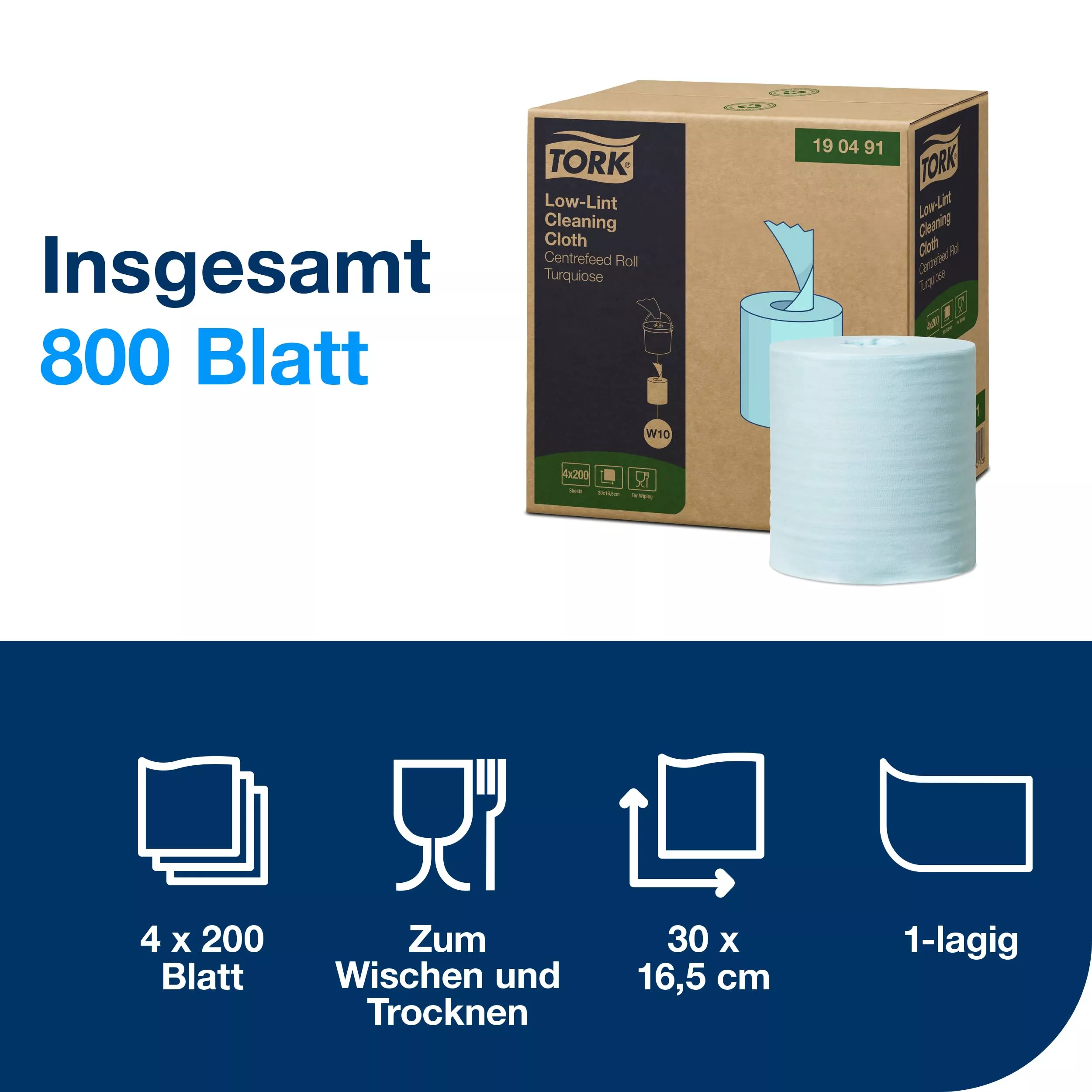 Tork Fusselarme Reinigungstücher Nachfüllung Türkis W10, Lösungsmitteltauglich, 4 × 200 Tücher 190491