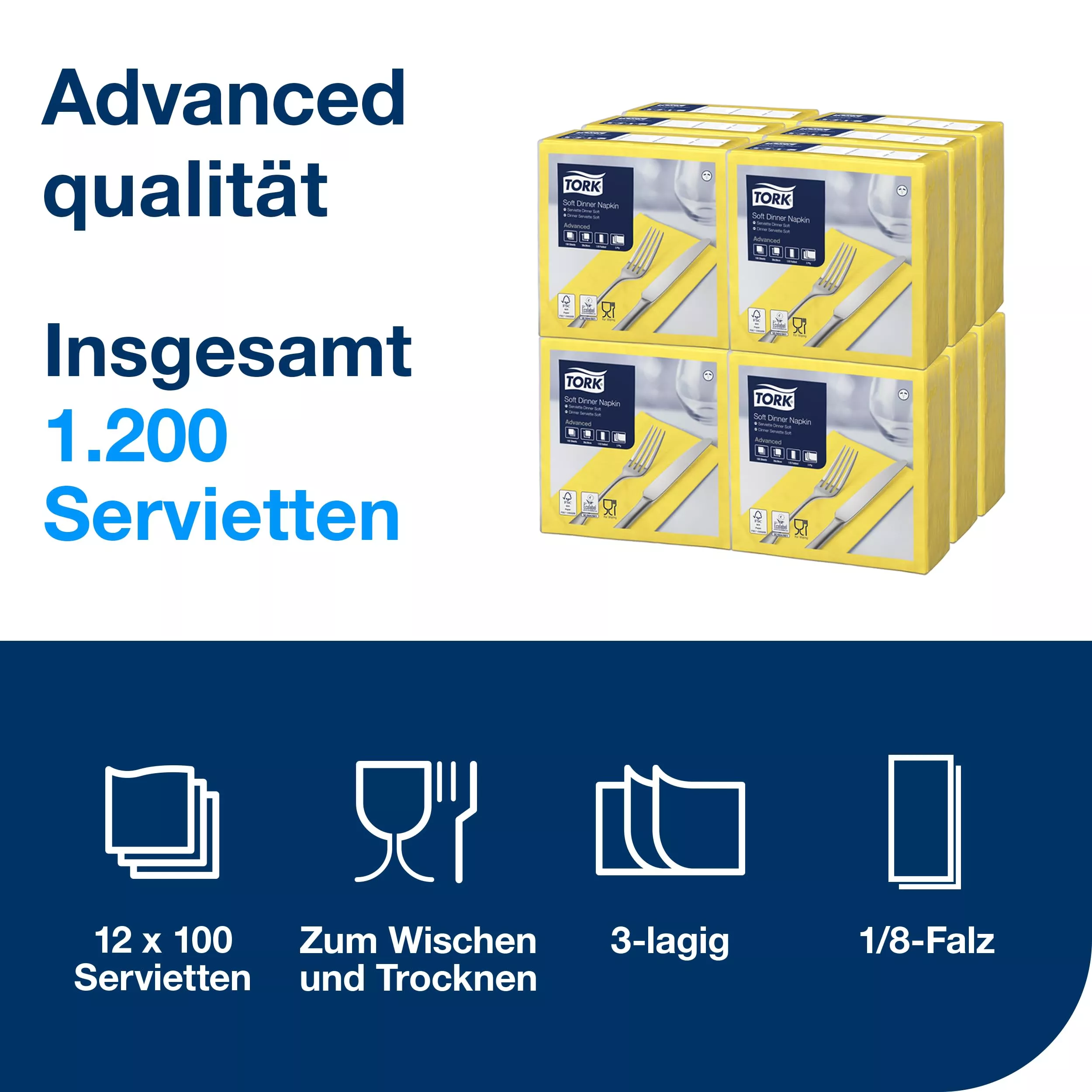 Tork Soft Dinnerservietten Gelb, 1/8‑Falz, 3‑lagig, 39 cm × 39 cm, 12 × 100 Servietten, 470252
