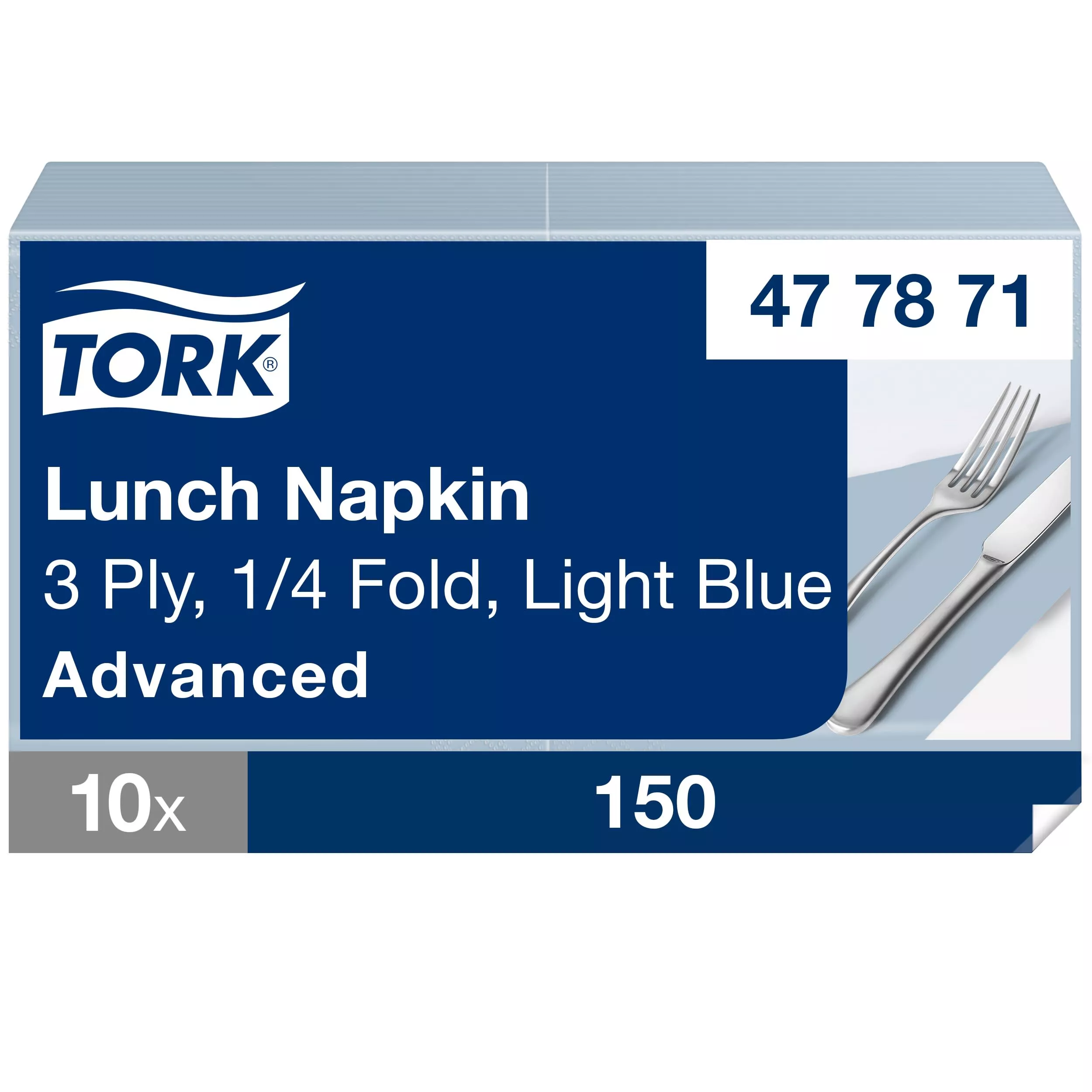 Tork Soft Lunchserviette Hellblau, 1/4-Falz, 3-lagig, 33 cm × 33 cm, 10 × 150 Servietten, 477871