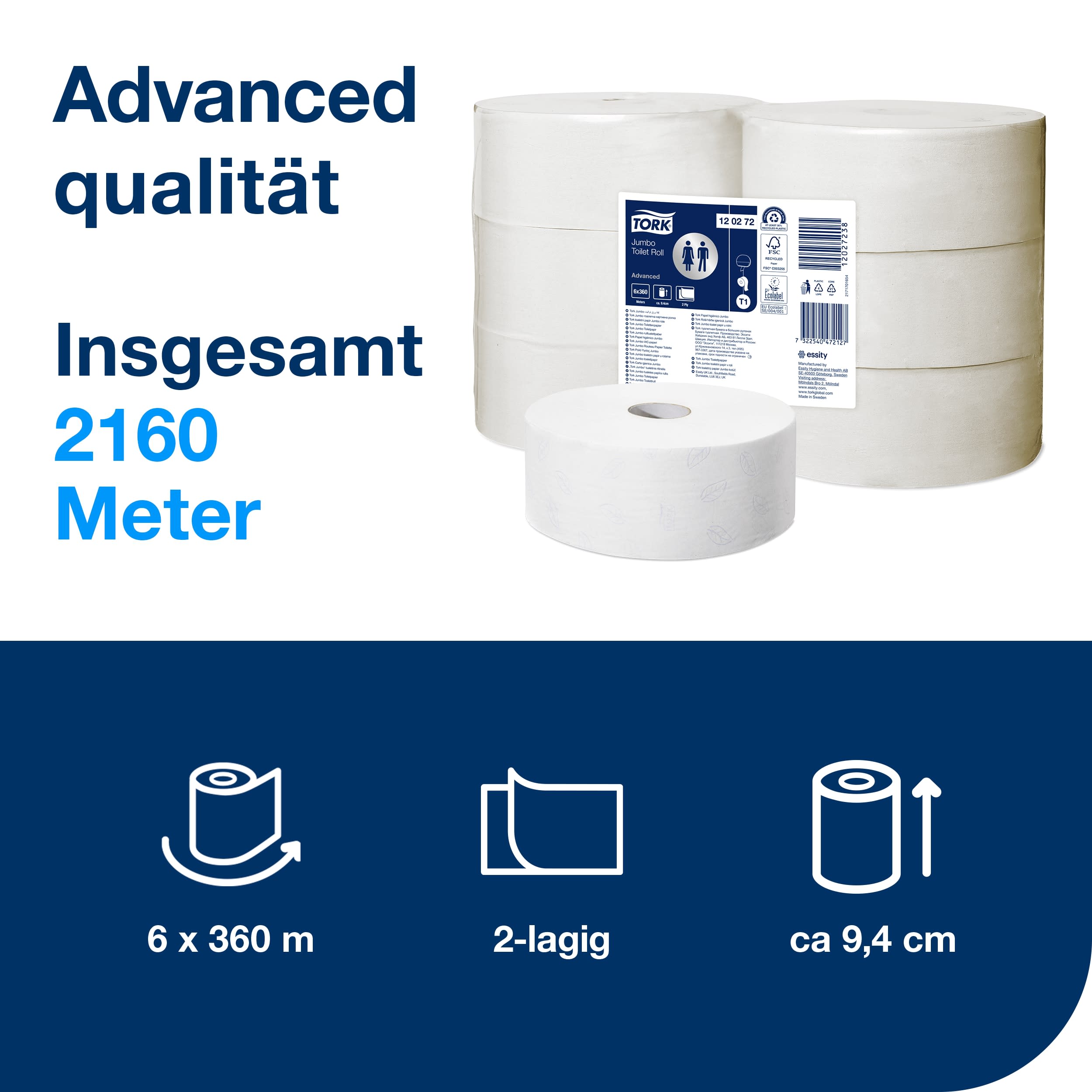 Tork Jumbo Toilettenpapier Weiß T1, Advanced, 2‑lagig, 6 × 1.800 Blatt, 120272