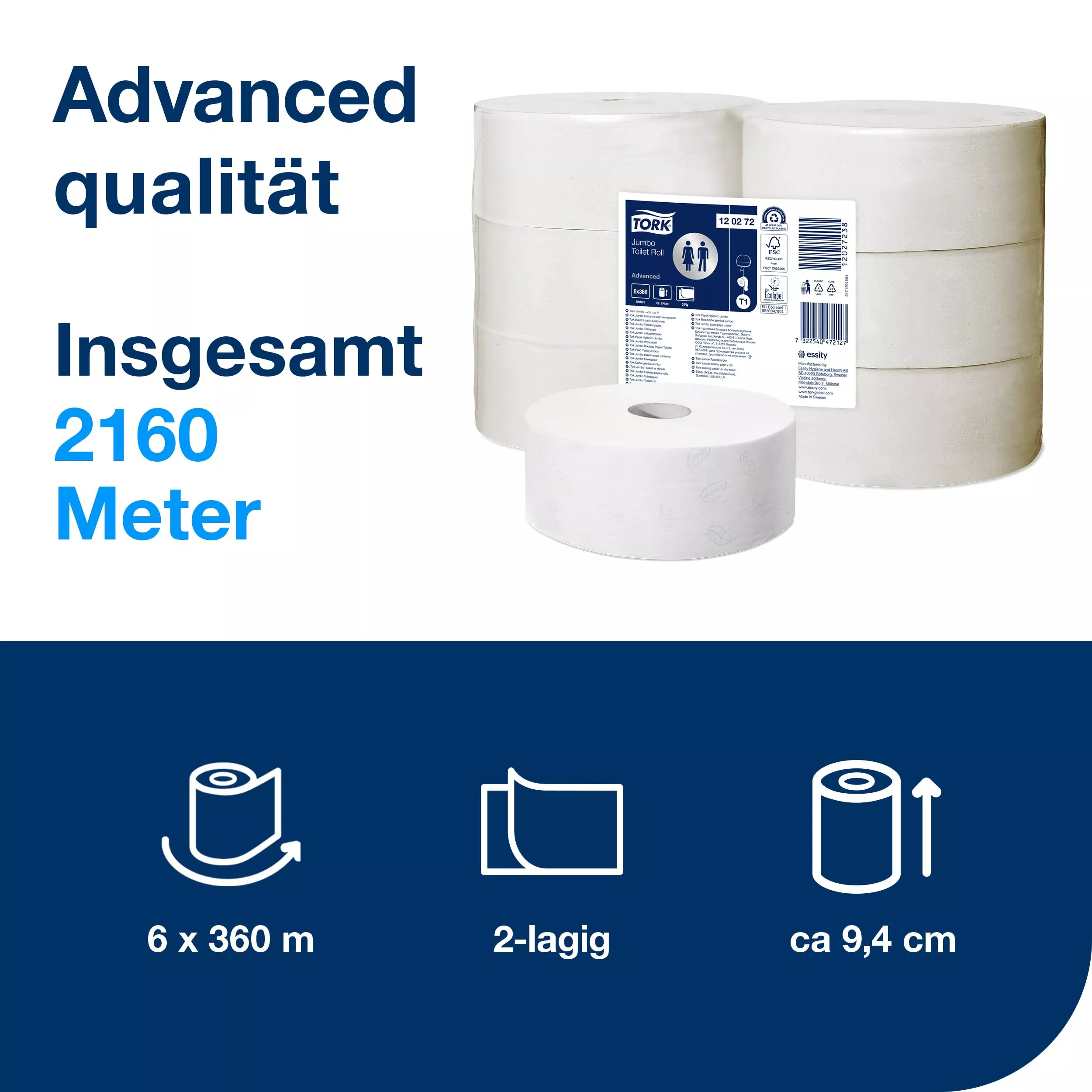 Tork Jumbo Toilettenpapier Weiß T1, Advanced, 2‑lagig, 6 × 1.800 Blatt, 120272