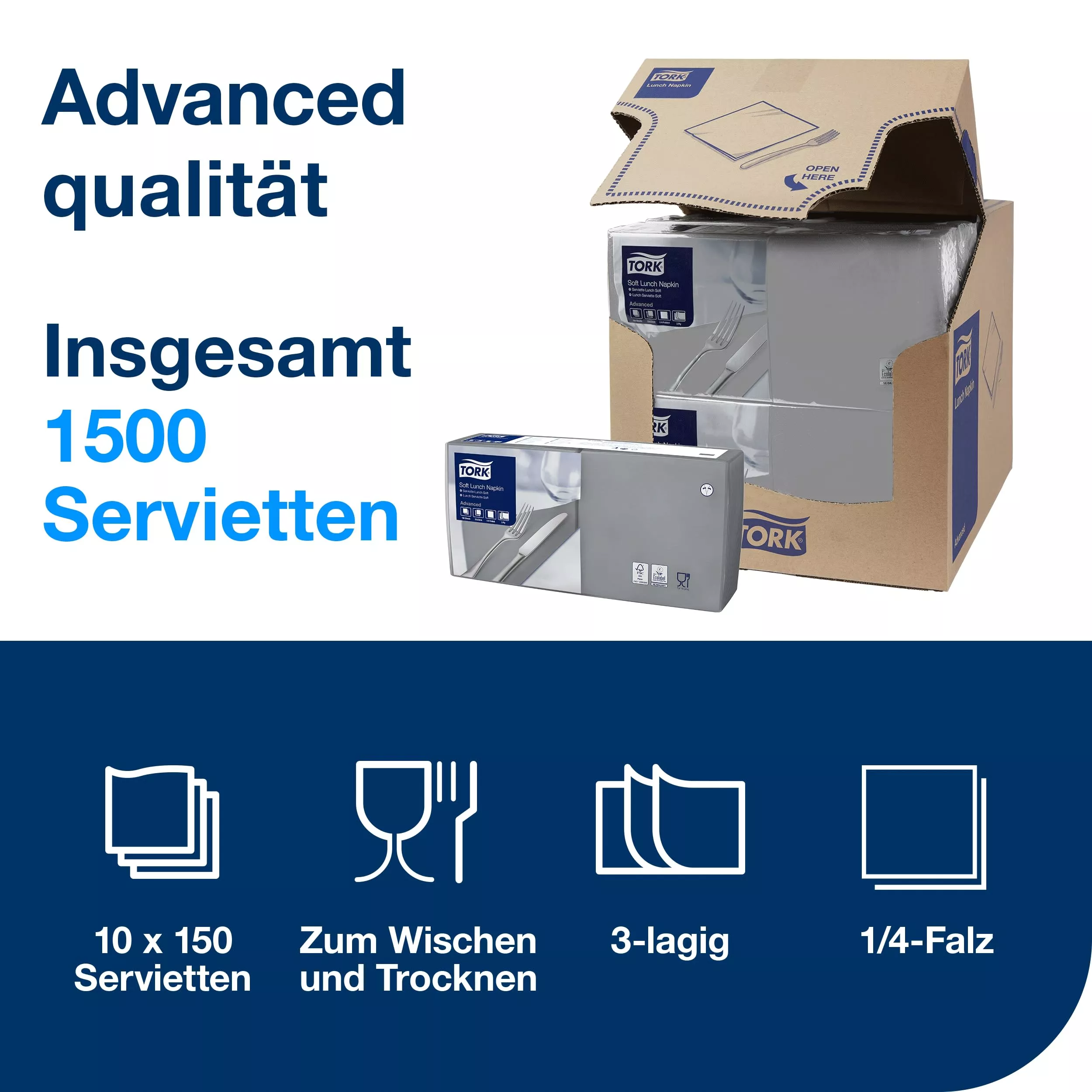 Tork Soft Lunchservietten Grau, 1/4-Falz, 3-lagig, 33 cm × 33 cm, 10 × 150 Servietten, 477869