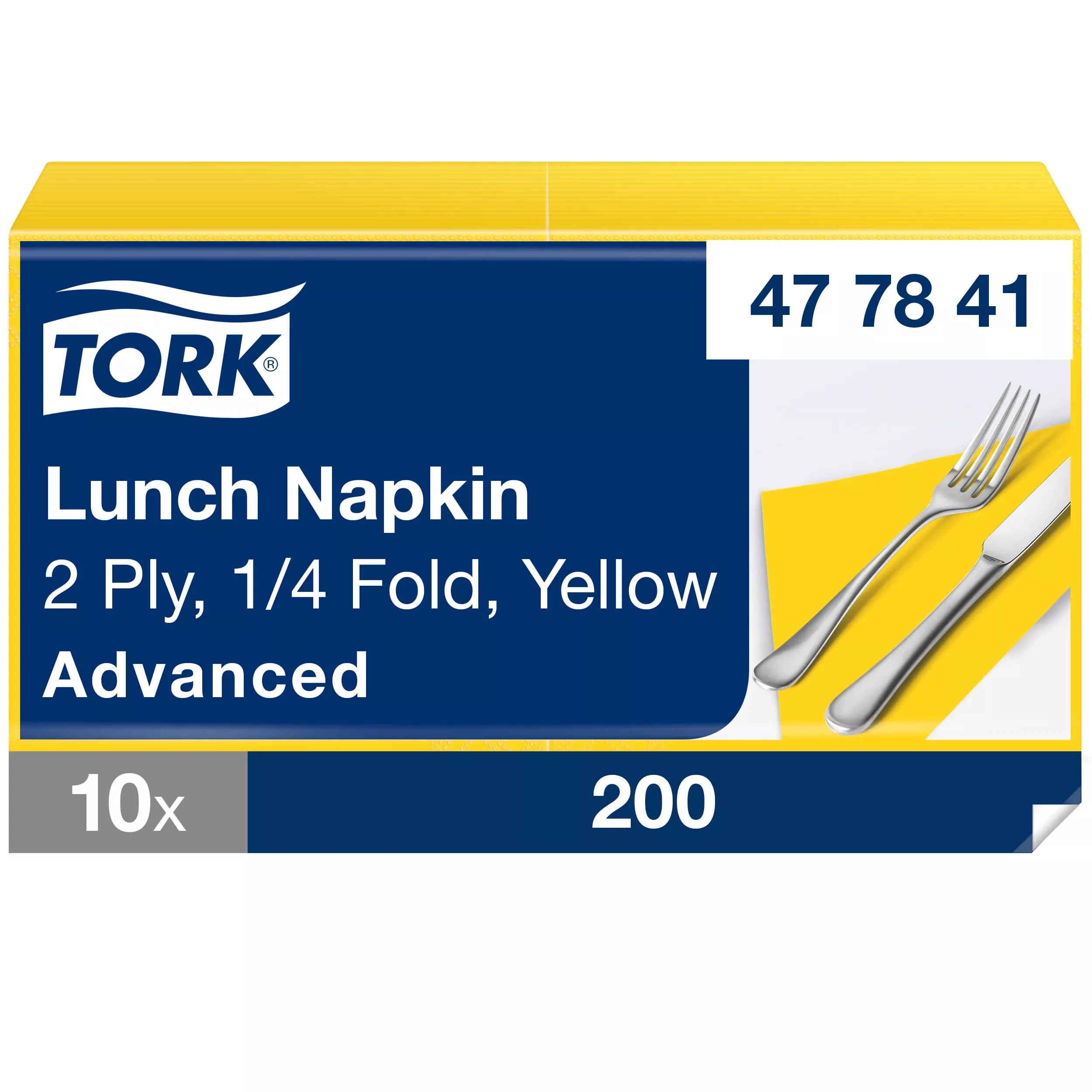 Tork Lunchserviette Gelb, 1/4-Falz, 2-lagig, 33 cm × 33 cm, 10 × 200 Servietten, 477841