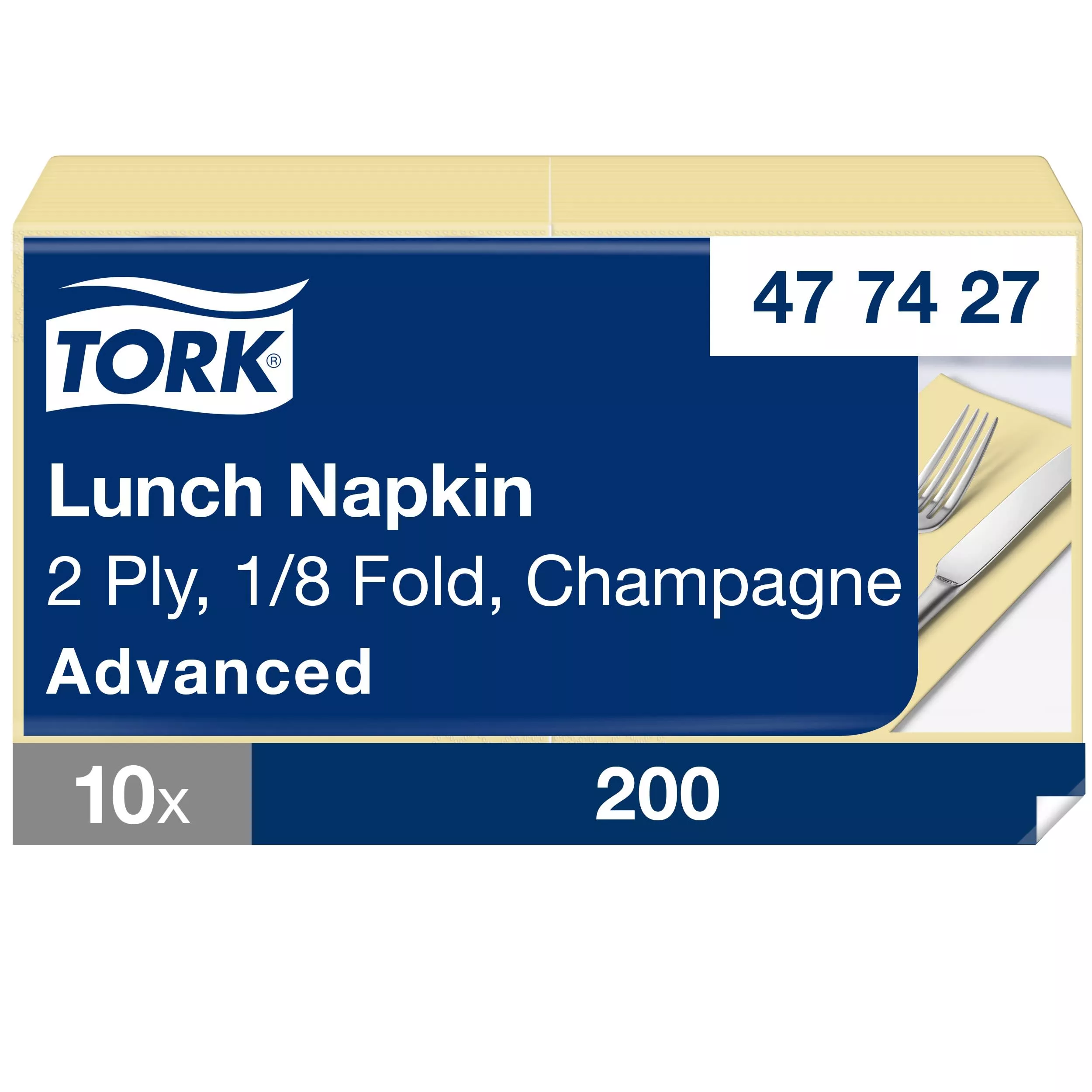 Tork Lunchserviette Champagner, 1/8-Falz, 2-lagig, 33 cm × 33 cm, 10 × 200 Servietten, 477427