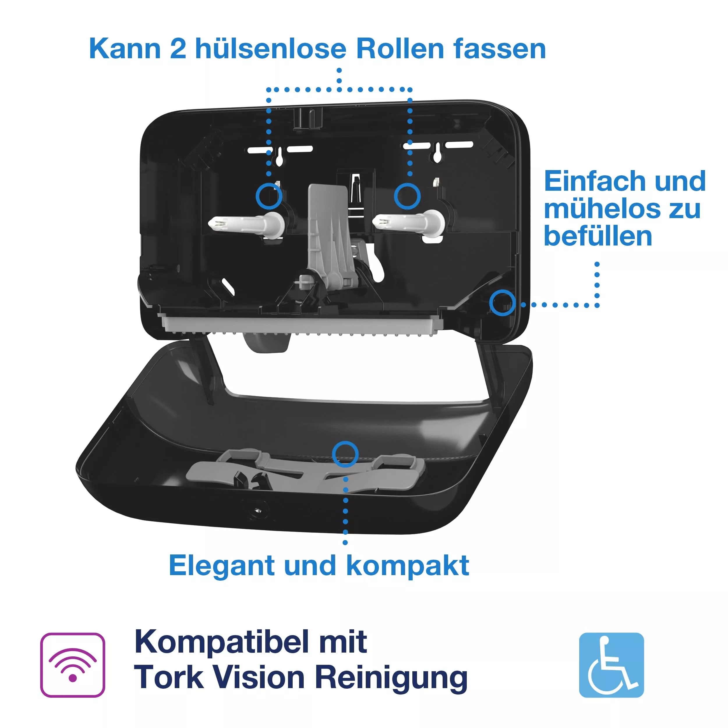 Tork OptiServe® Doppelrollenspender für Hülsenloses Toilettenpapier Edelstahl T7, vertikaler Toilettenrollenspender, 472019