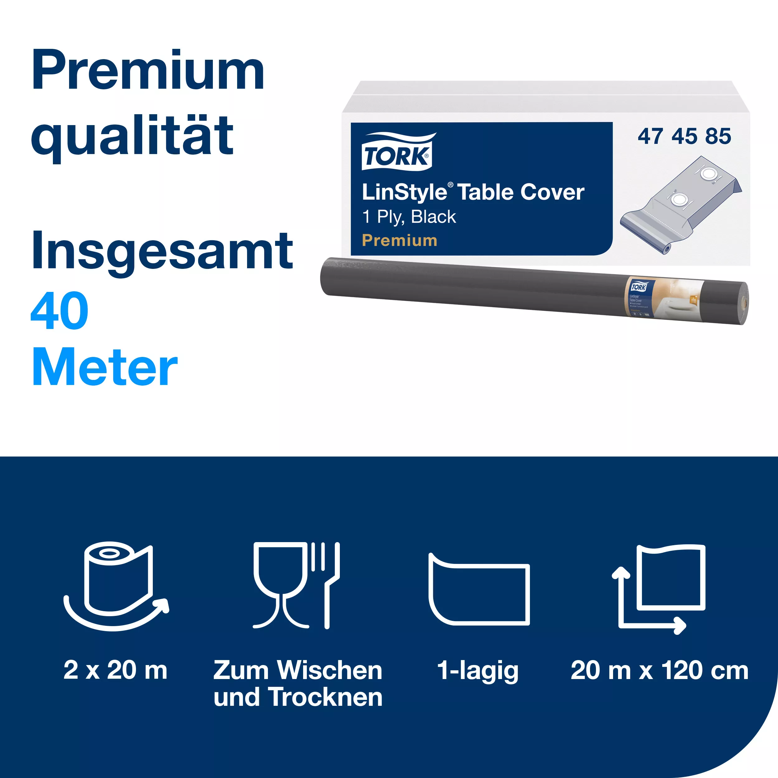 Tork LinStyle® Tischdecke gerollt Schwarz, robust, 1-lagig, 20 m × 120 cm, 2 Rollen, 474585