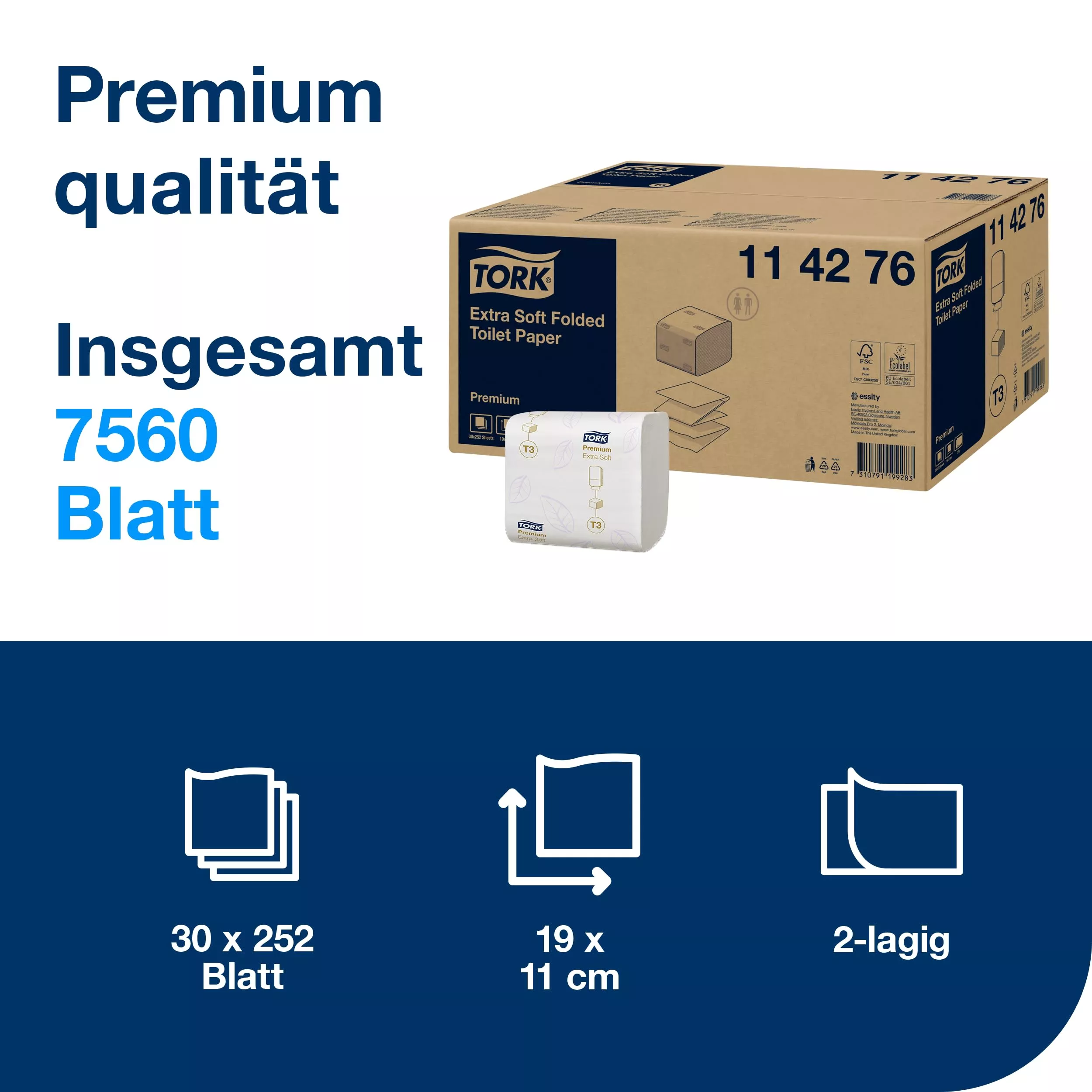 Tork extra weiches Einzelblatt-Toilettenpapier Weiß T3, Premium, 2-lagig, 30 × 252 Blatt, 114276