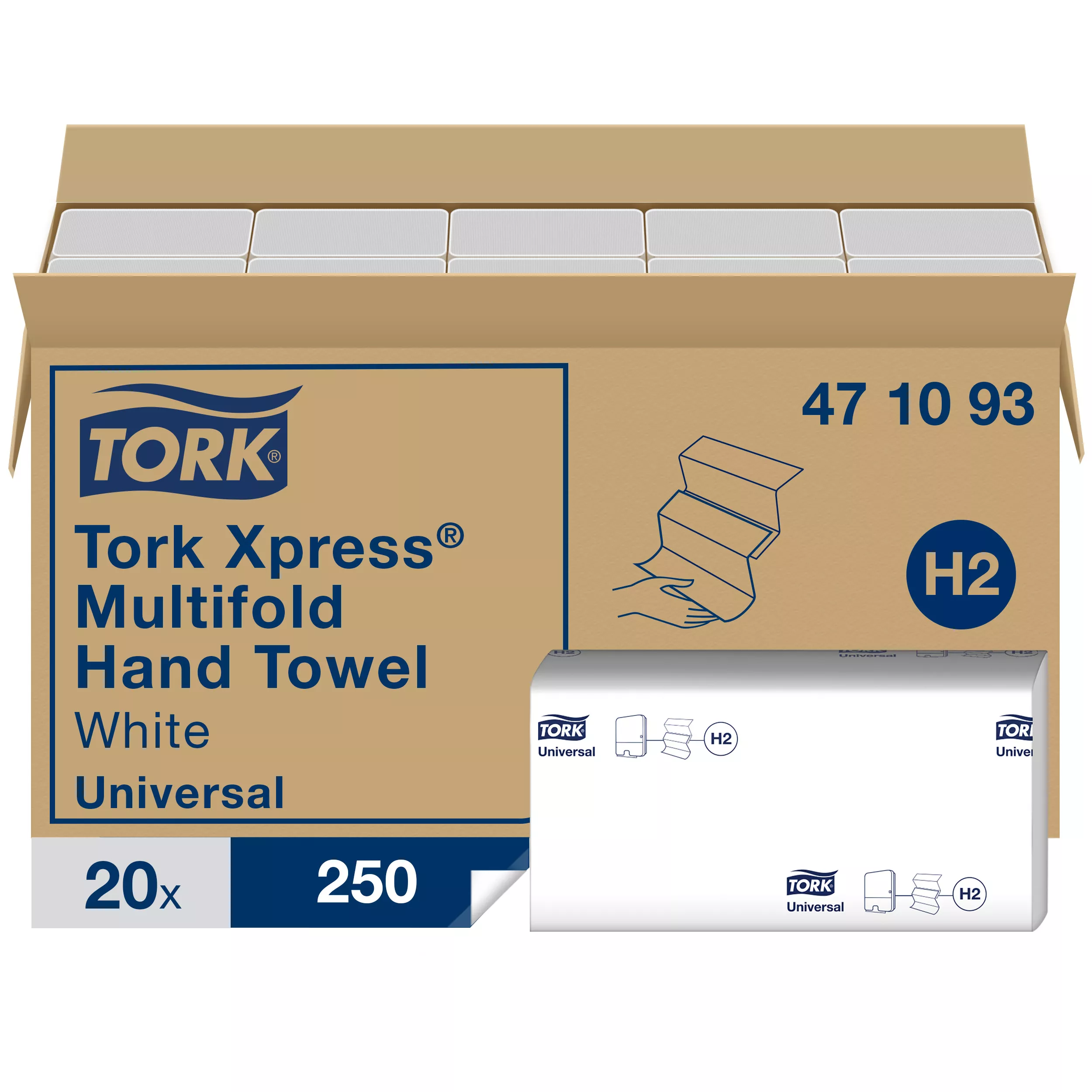Tork Xpress® Multifold-Handtücher Weiß H2, Universal-Qualität, 1-lagig, Zickzackfalz, 100 % recycelte Fasern, 20 × 250 Tücher, 471093