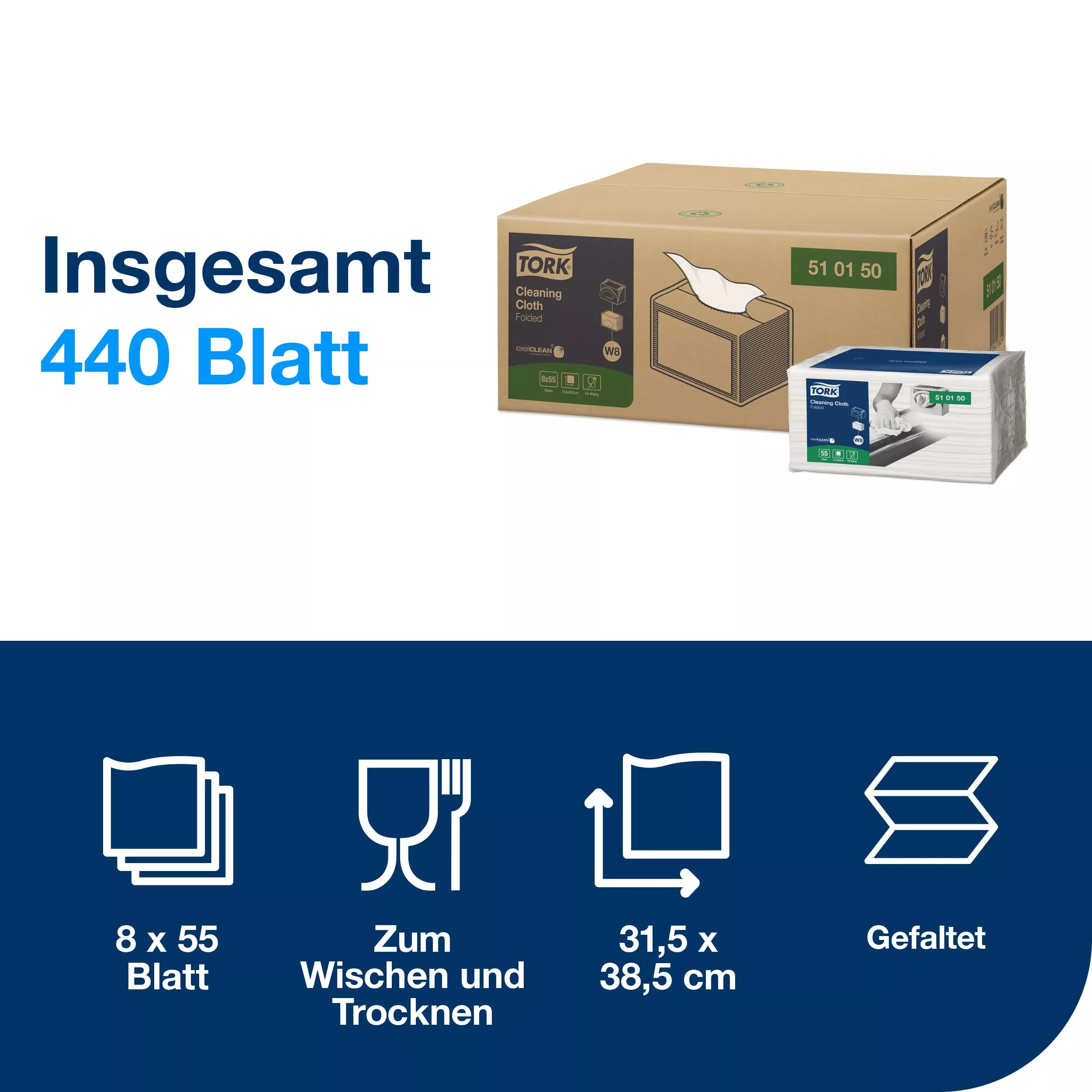 Tork Reinigungstücher Weiß W8, Weich und Flexibel, 8 × 55 Tücher, 510150