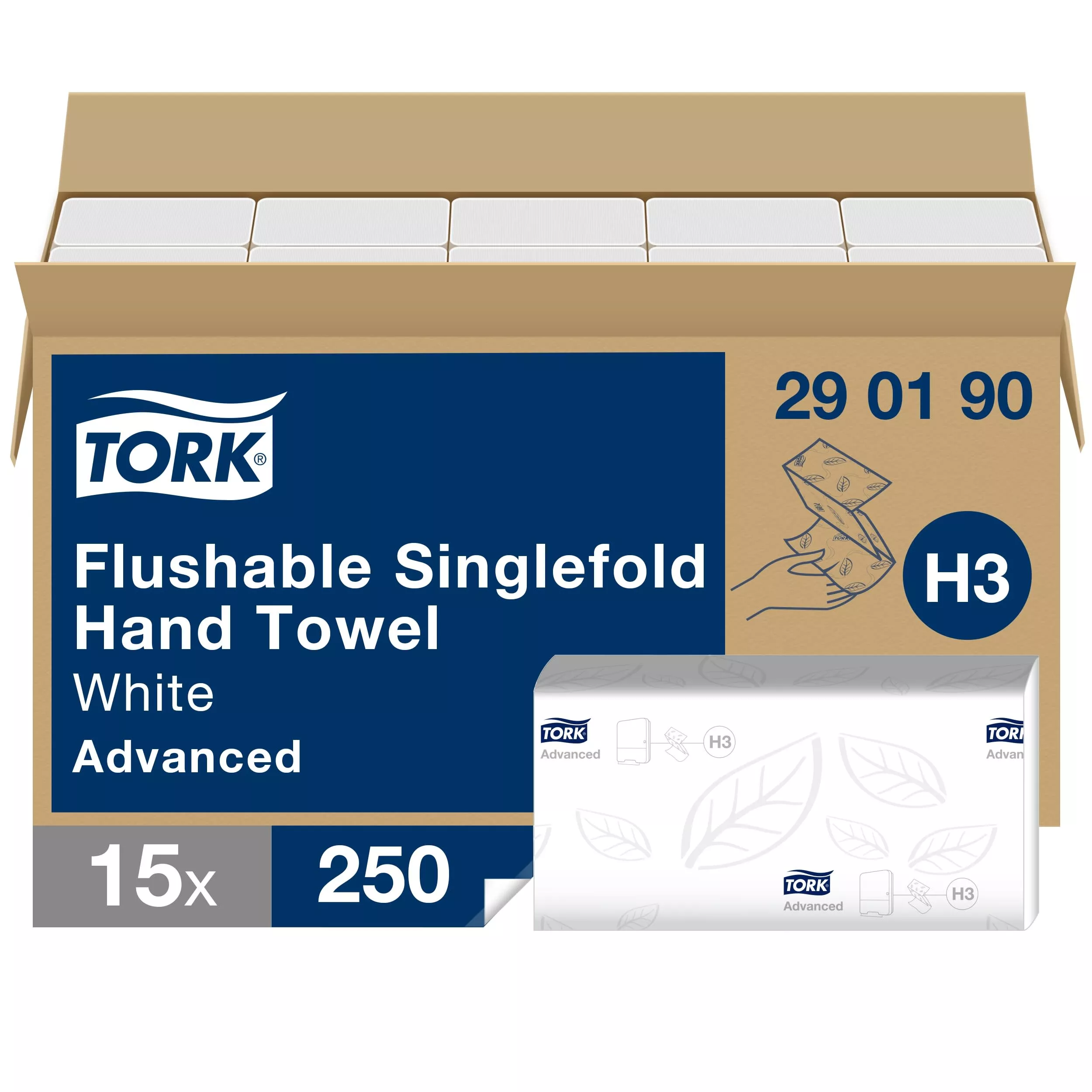 Tork Zickzack-Handtücher Weiß H3, Advanced-Qualität, herunterspülbar, 15 × 250 Tücher, 290190