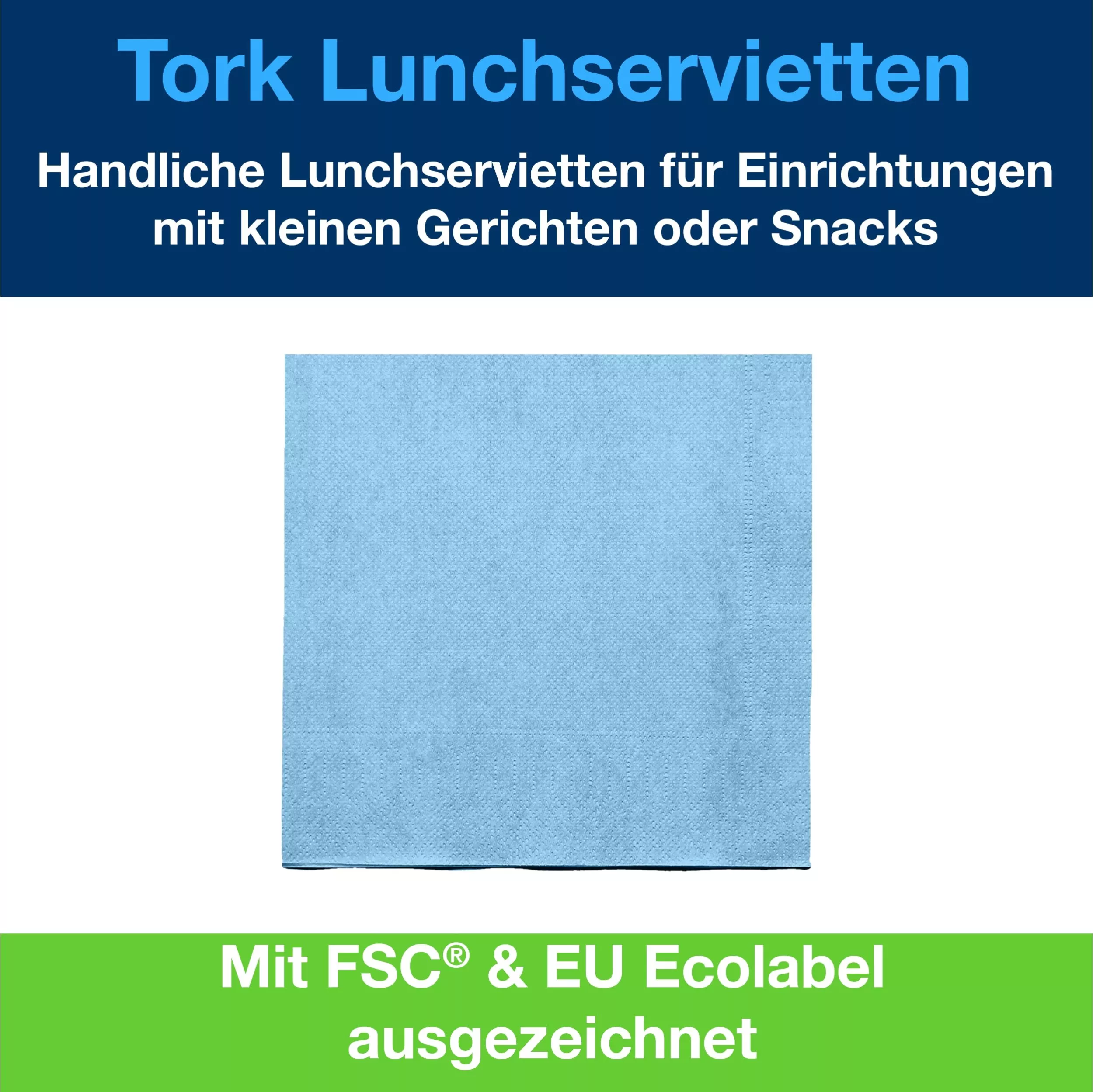 Tork Lunchserviette Hellblau, 1/4-Falz, 2-lagig, 33 cm × 33 cm, 10 × 200 Servietten, 477844