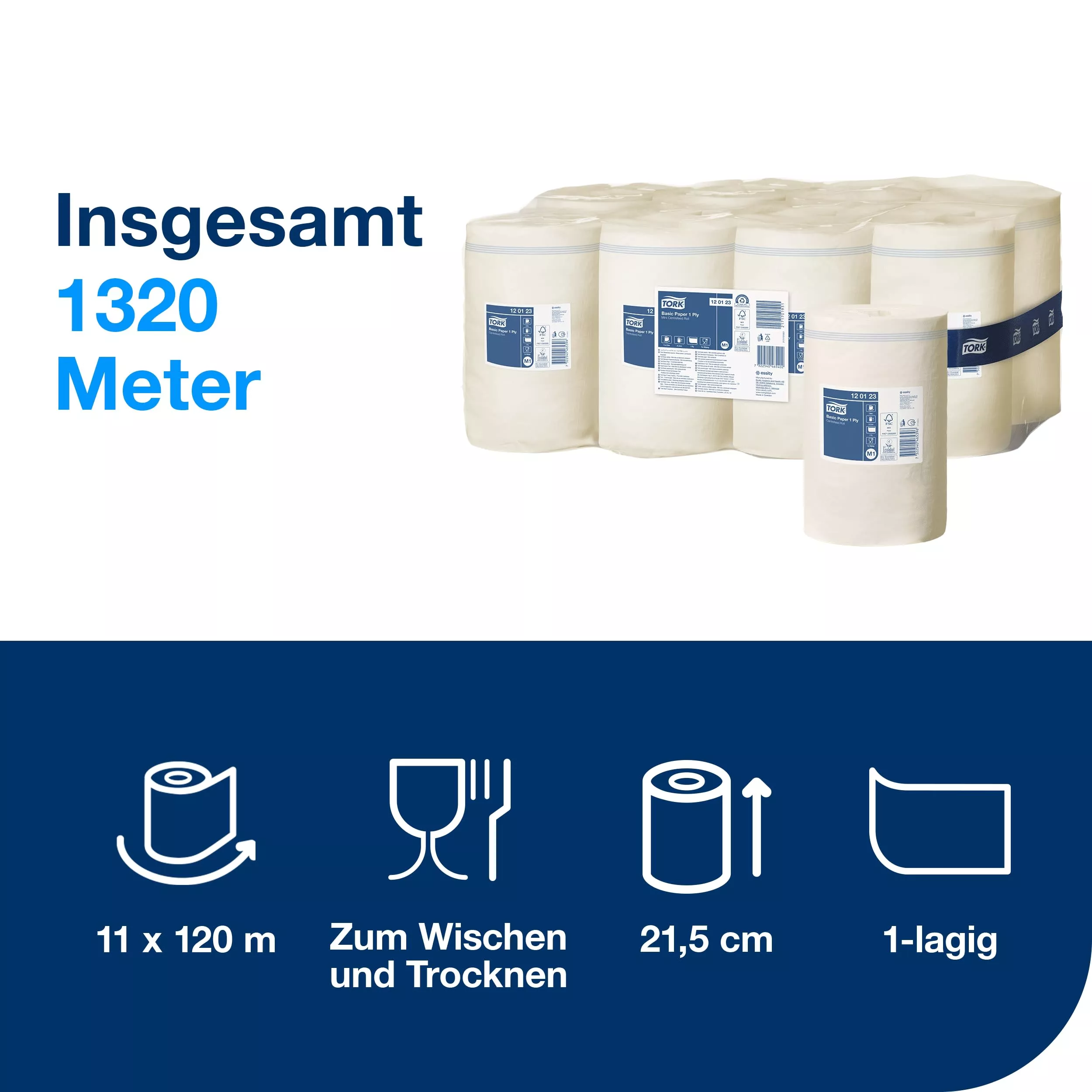 Tork Standard-Papierwischtücher mit Innenabrollung Weiß M1, kosteneffiziente Putztücher, 11 × 120 m, 120123