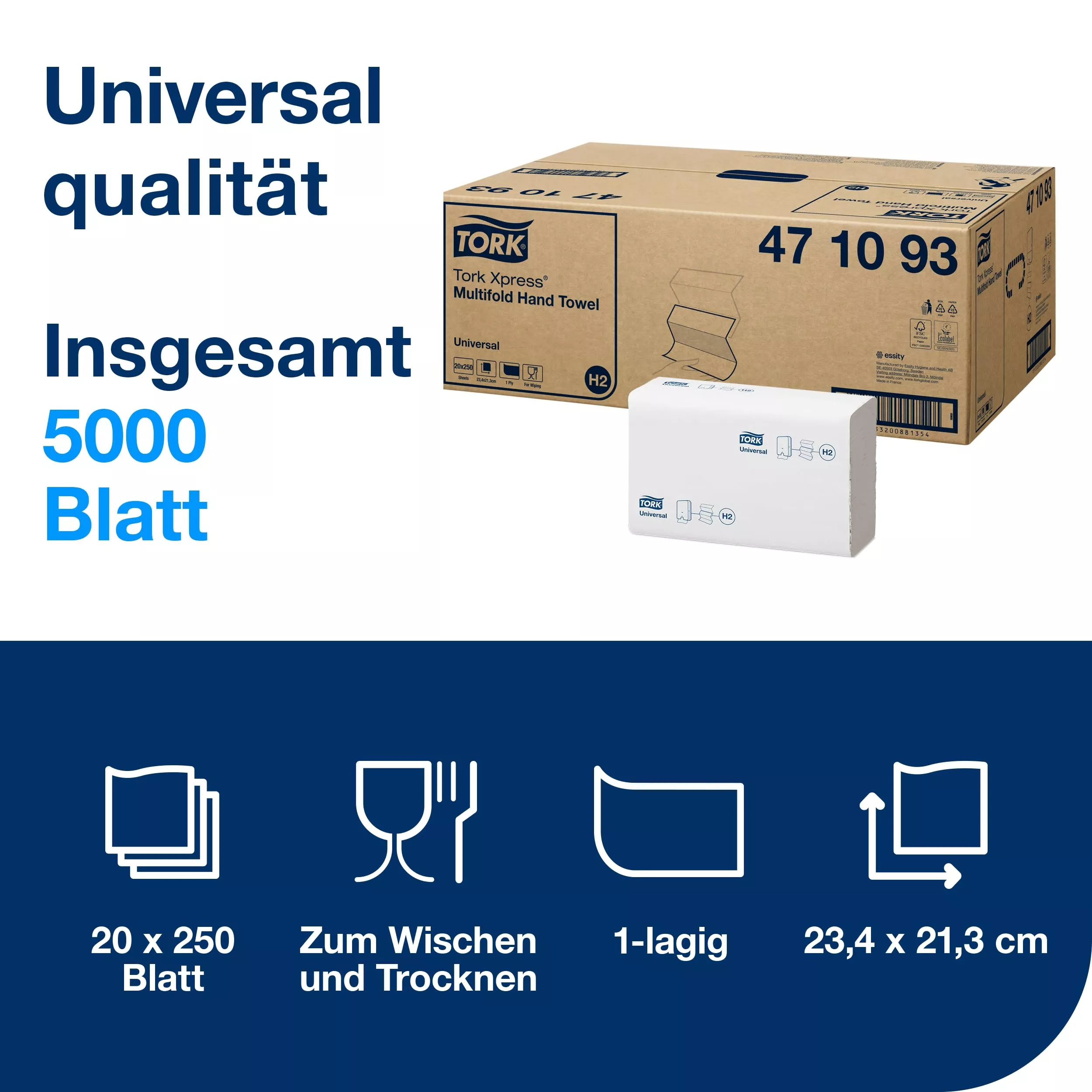 Tork Xpress® Multifold-Handtücher Weiß H2, Universal-Qualität, 1-lagig, Zickzackfalz, 100 % recycelte Fasern, 20 × 250 Tücher, 471093