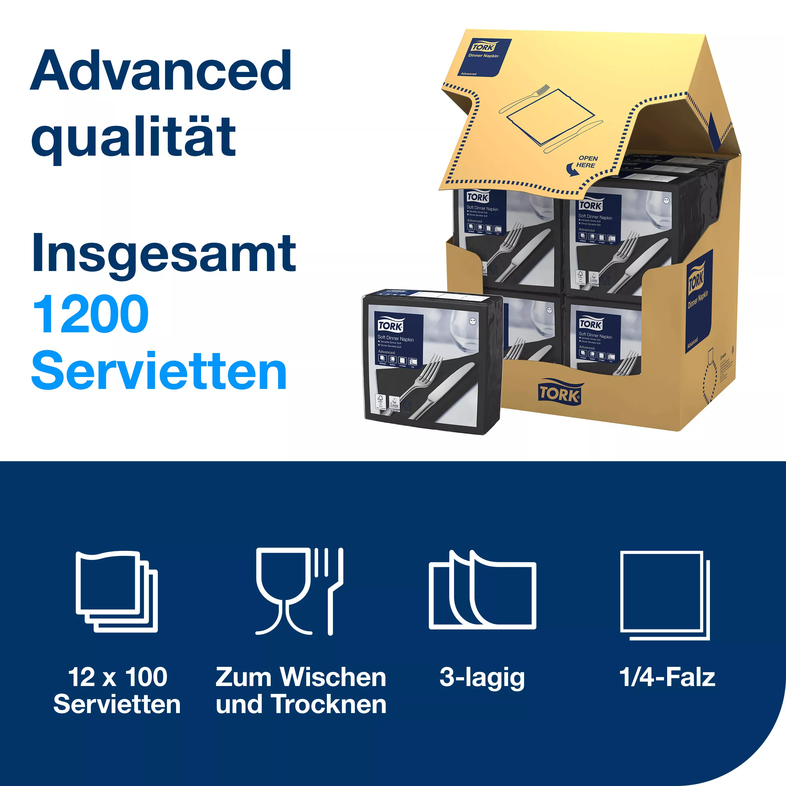 Tork Soft Dinnerservietten Schwarz, 1/4‑Falz, 3‑lagig, 40 cm × 39 cm, 12 × 100 Servietten, 477675