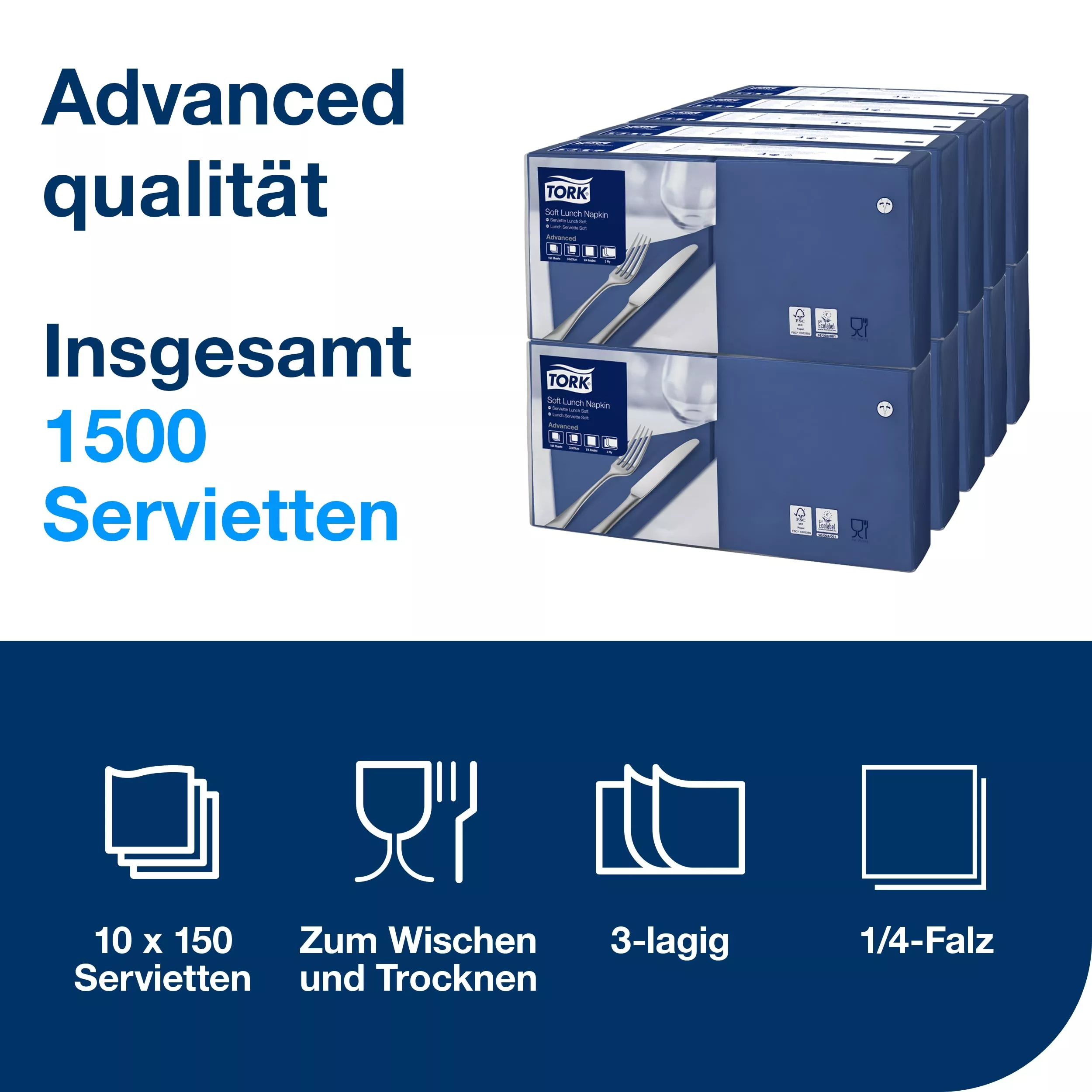 Tork Soft Lunchserviette Dunkelblau, 1/4-Falz, 3-lagig, 33 cm × 33 cm, 10 × 150 Servietten, 477412