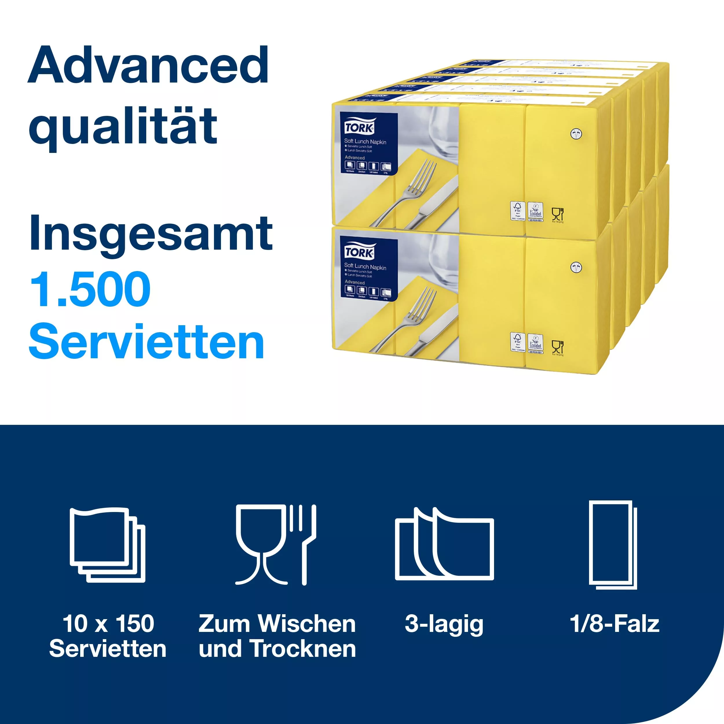 Tork Soft Lunchserviette Gelb, 1/8-Falz, 3-lagig, 33 cm × 33 cm, 10 × 150 Servietten, 477880