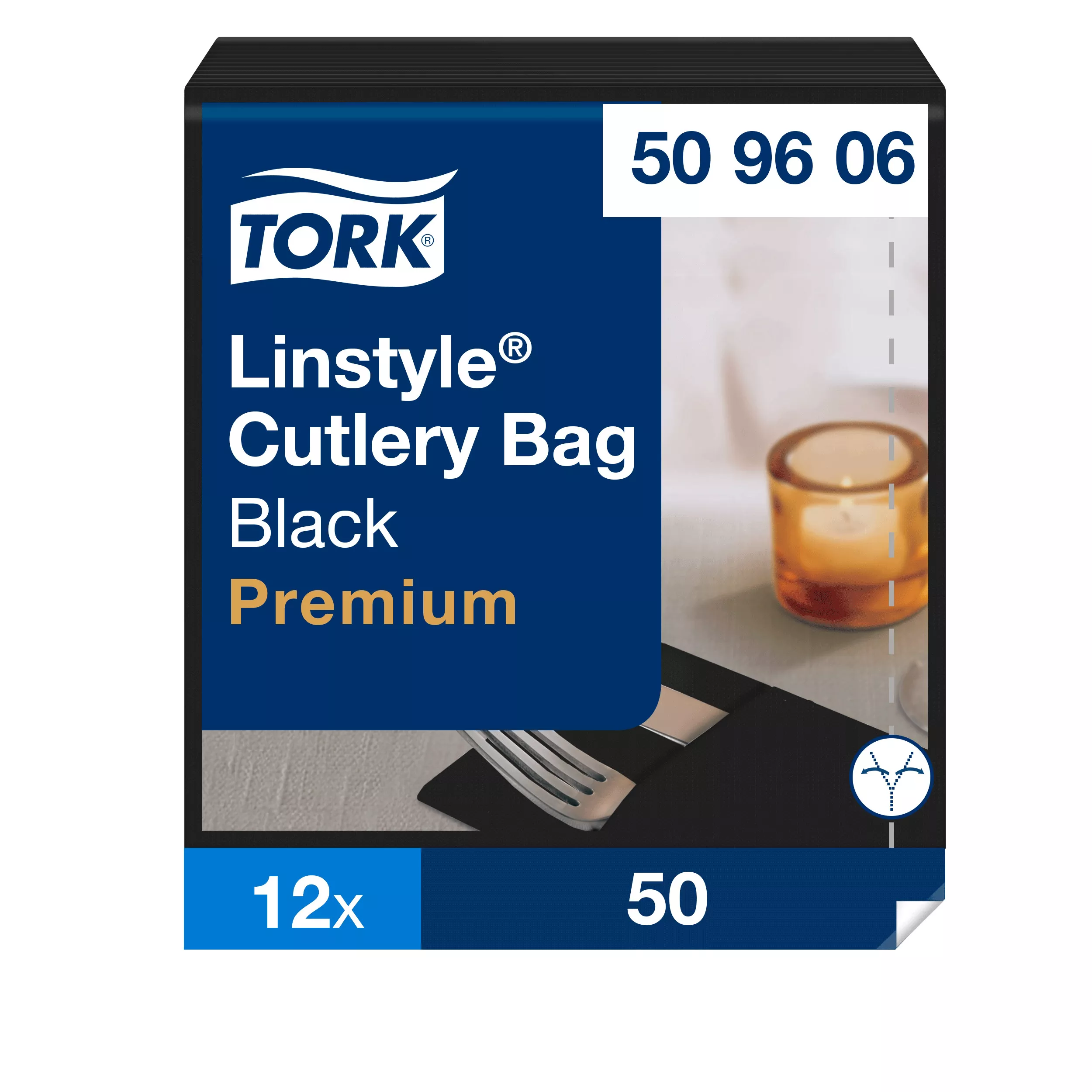 Tork LinStyle® Bestecktaschen Schwarz, strapazierfähig, 39 cm × 39 cm, 12 × 50 Servietten, 509606