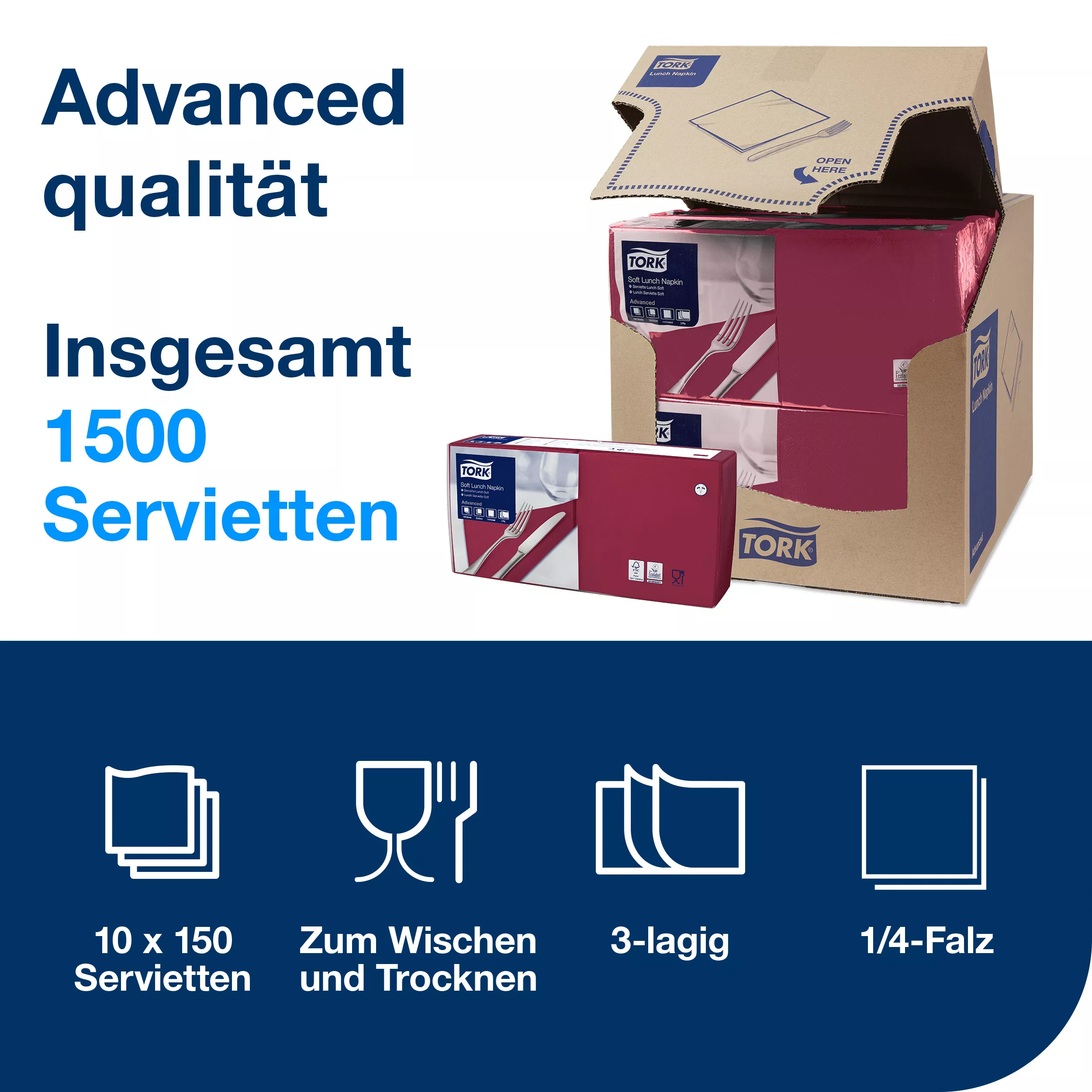 Tork Soft Lunchserviette Dunkelblau, 1/4-Falz, 3-lagig, 33 cm × 33 cm, 10 × 150 Servietten, 477411