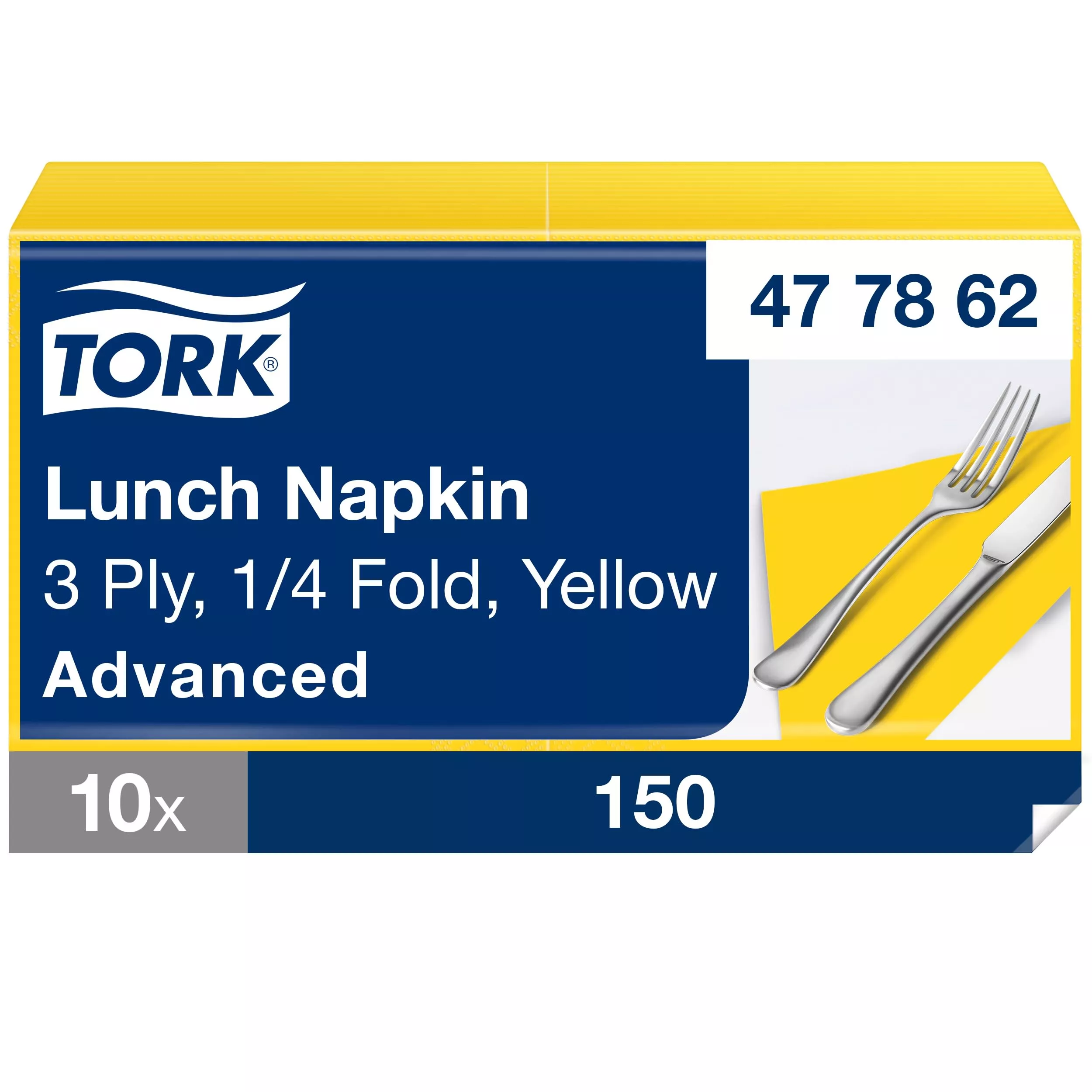 Tork Soft Lunchservietten Gelb, 1/4-Falz, 3-lagig, 33 cm × 33 cm, 10 × 150 Servietten, 477862