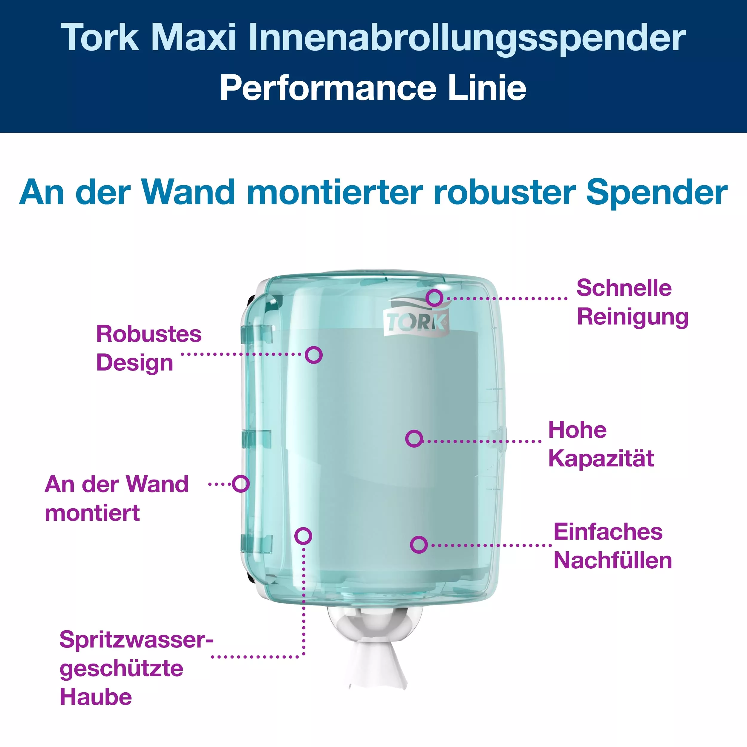 Tork Maxi Innenabrollungsspender Weiß und Türkis W2, Robustes Design, Performance Linie, 44,7 cm × 32,8 cm × 30,2 cm, 653000