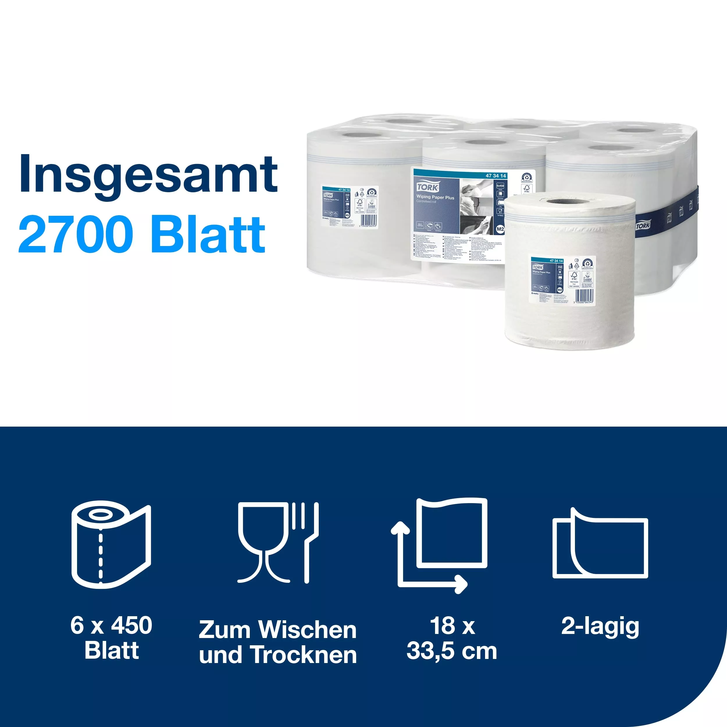 Tork Starke Mehrzweck-Papierwischtücher Weiß M2, Innenabrollung, 6 × 450 Blatt, 473414