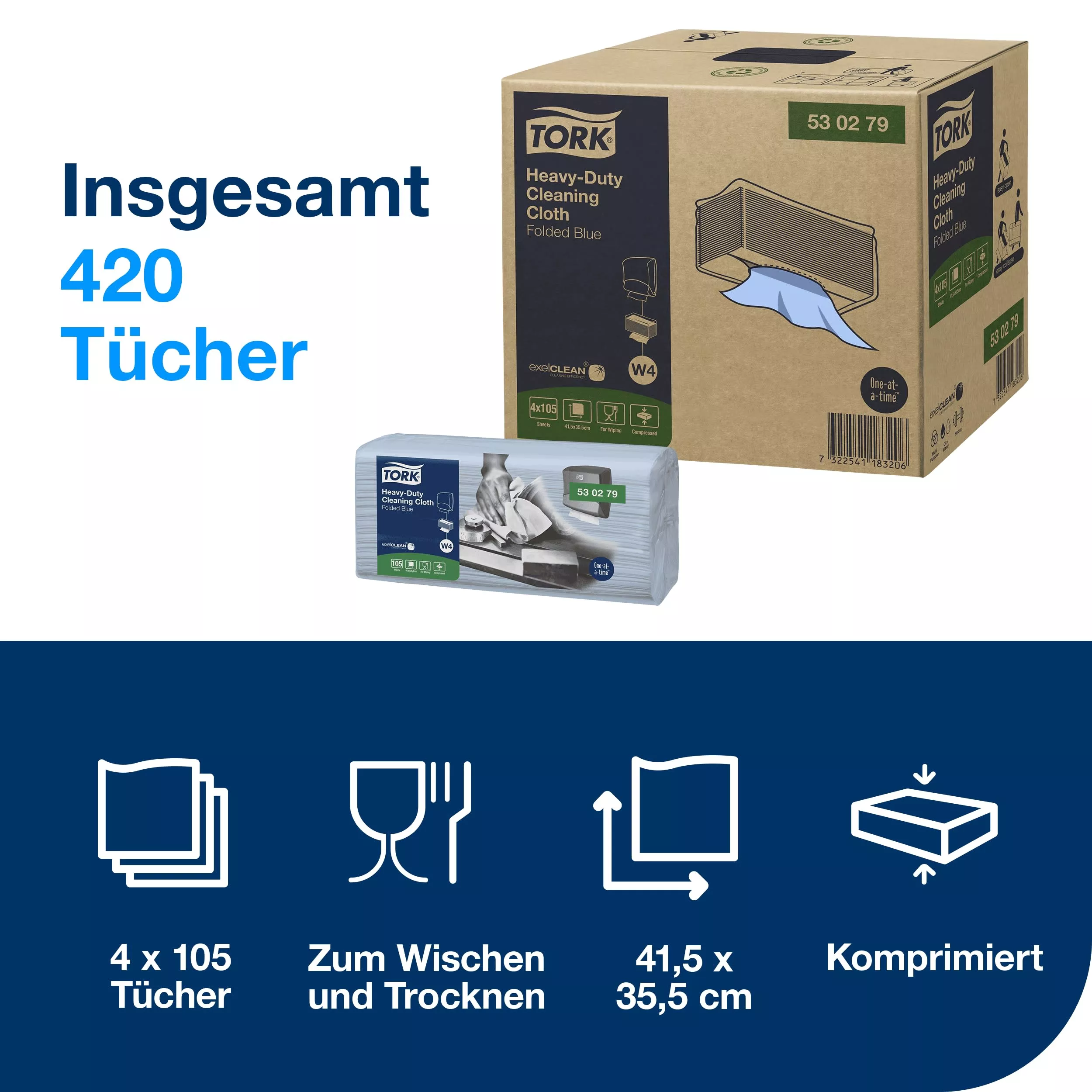 Tork Extra Starke Reinigungstücher Blau W4, stark und saugfähig, 4 × 105 Tücher, 530279