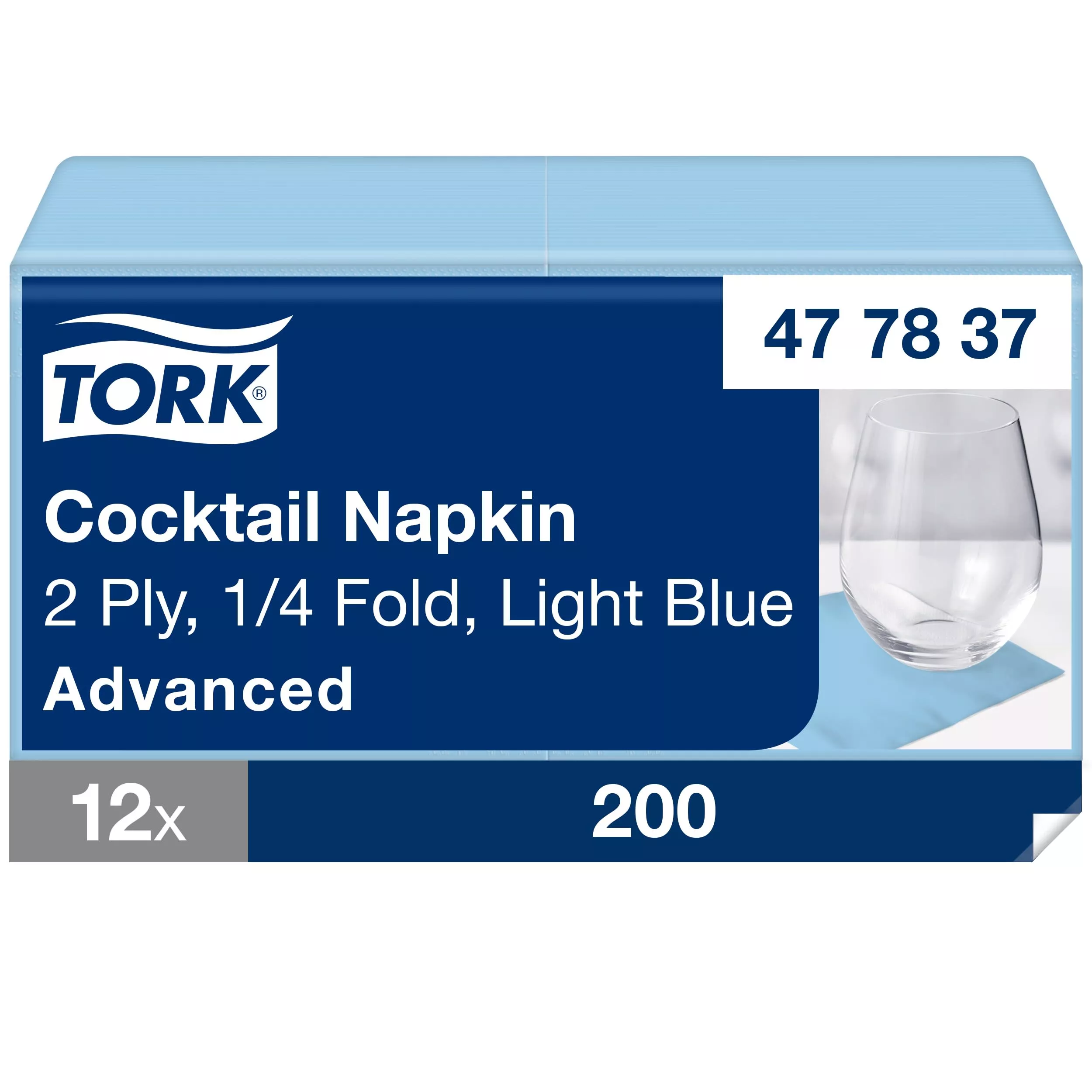 Tork Cocktailservietten Hellblau, 1/4-Falz, 2-lagig, 24 cm × 24 cm, 12 × 200 Servietten, 477837