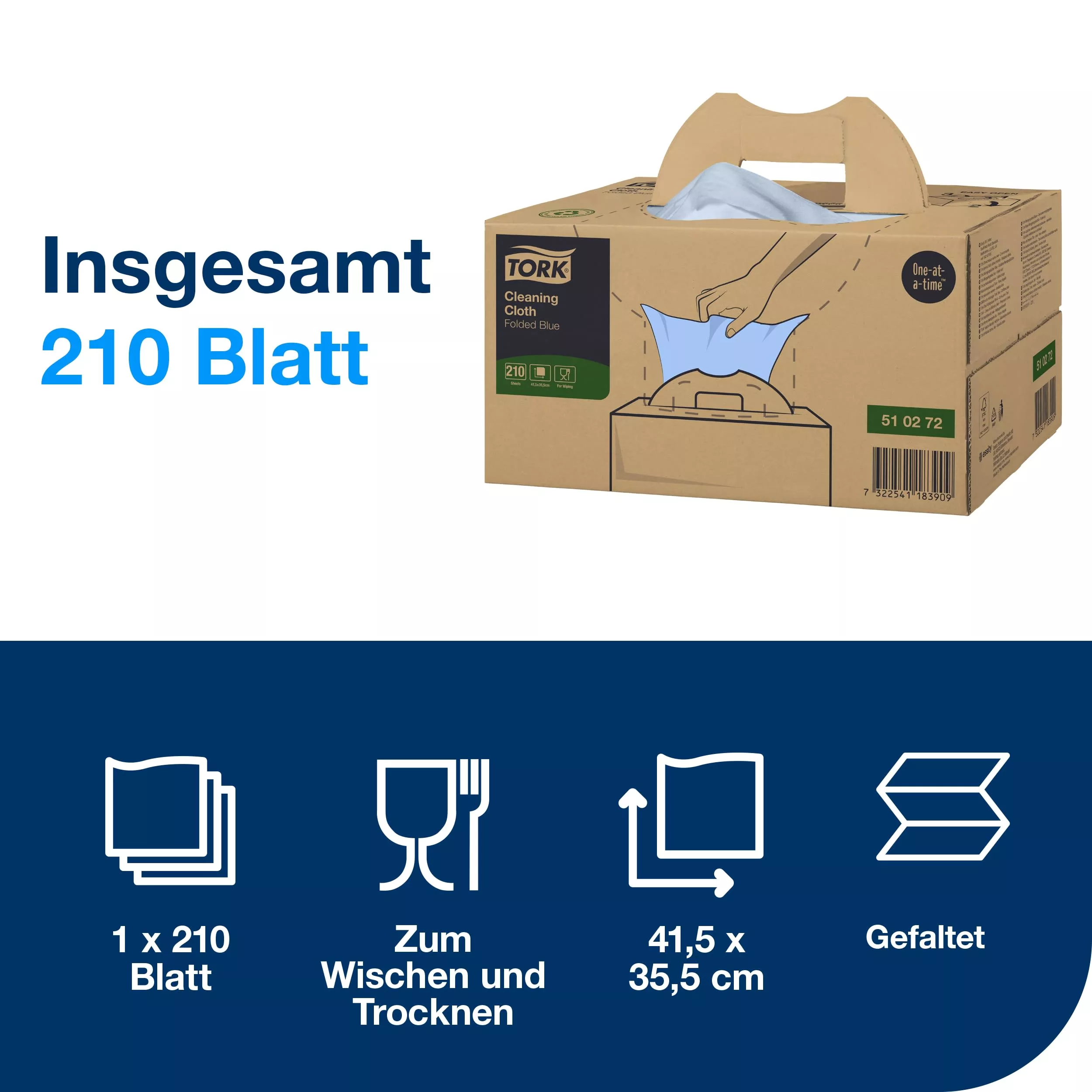 Tork Mehrzweck Reinigungstücher Blau W7, Einzeltuchentnahme, 1 × 210 Tücher, 510272