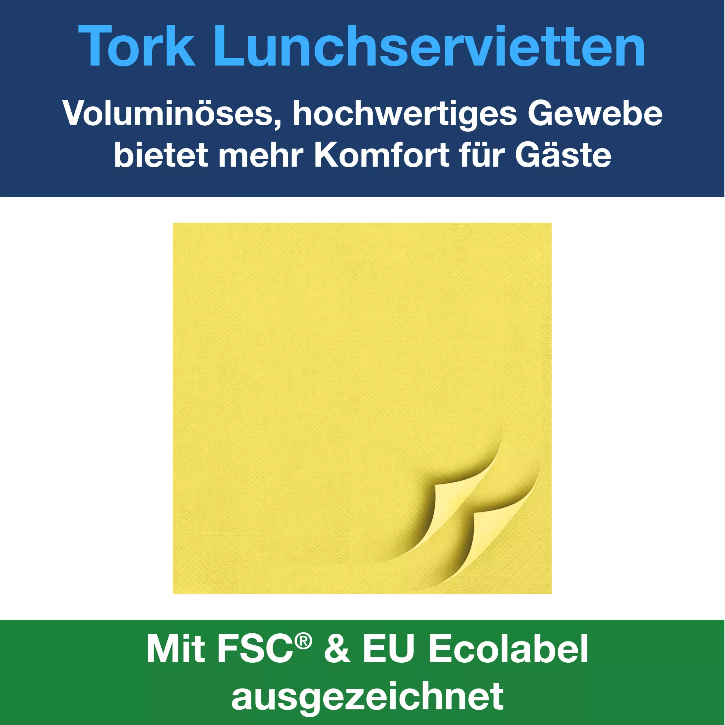 Tork Soft Lunchservietten Gelb, 1/4-Falz, 3-lagig, 33 cm × 33 cm, 10 × 150 Servietten, 477862