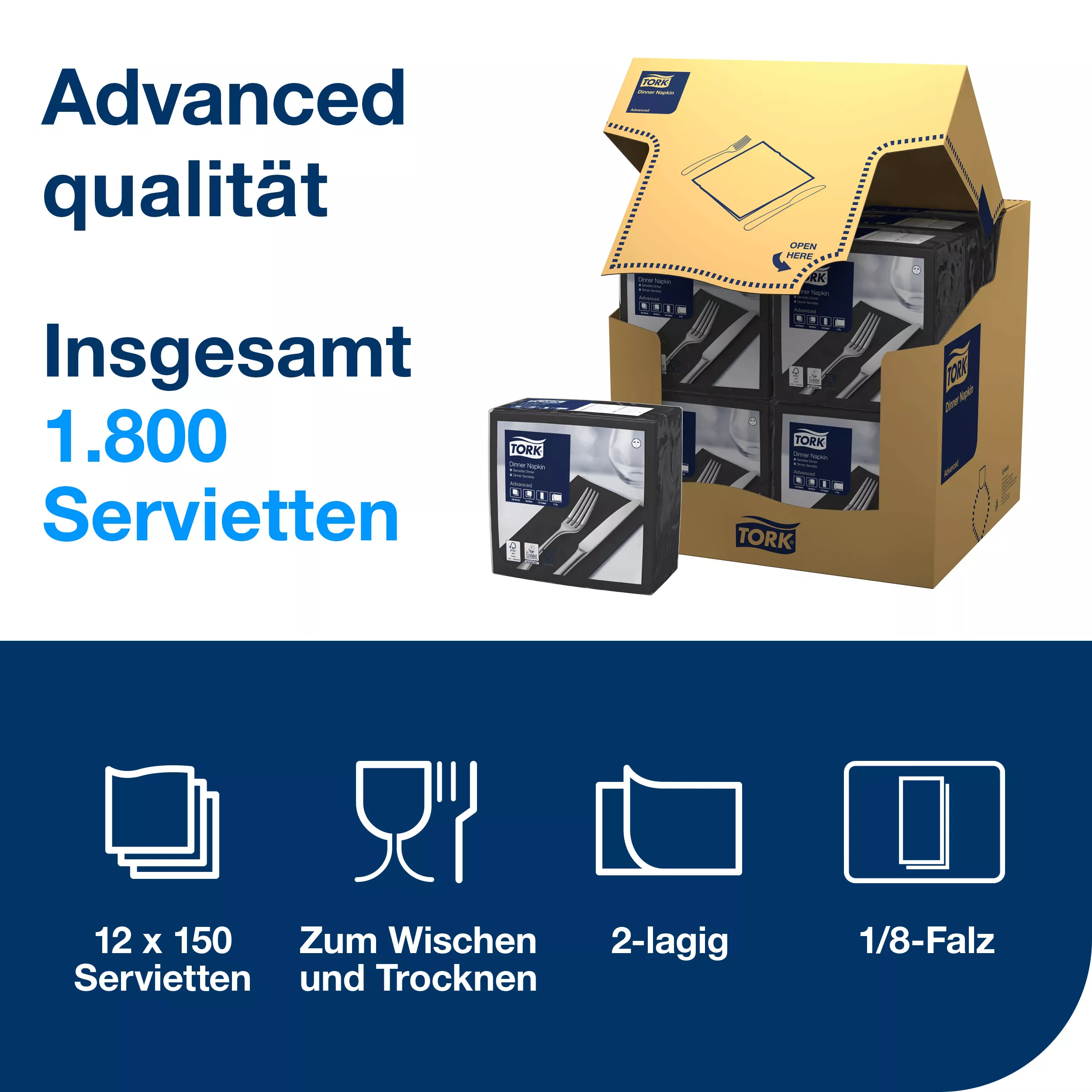 Tork Dinnerservietten Schwarz, 1/8‑Falz, 2‑lagig, 39 cm × 39 cm, 12 × 150 Servietten, 470404