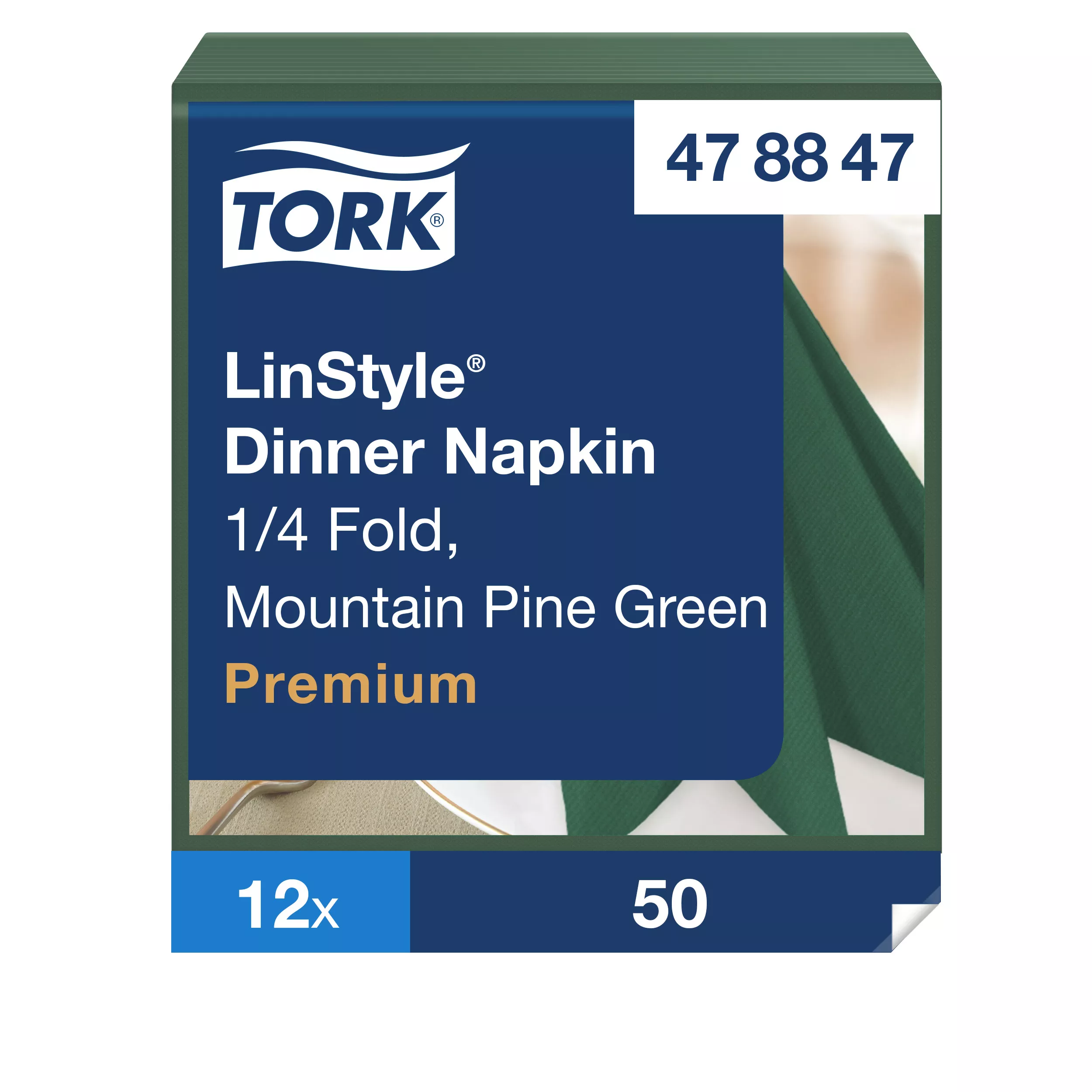 Tork LinStyle® Dinnerservietten Piniengrün, 1/4‑Falz, 39 cm × 39 cm, 12 × 50 Servietten, 478847