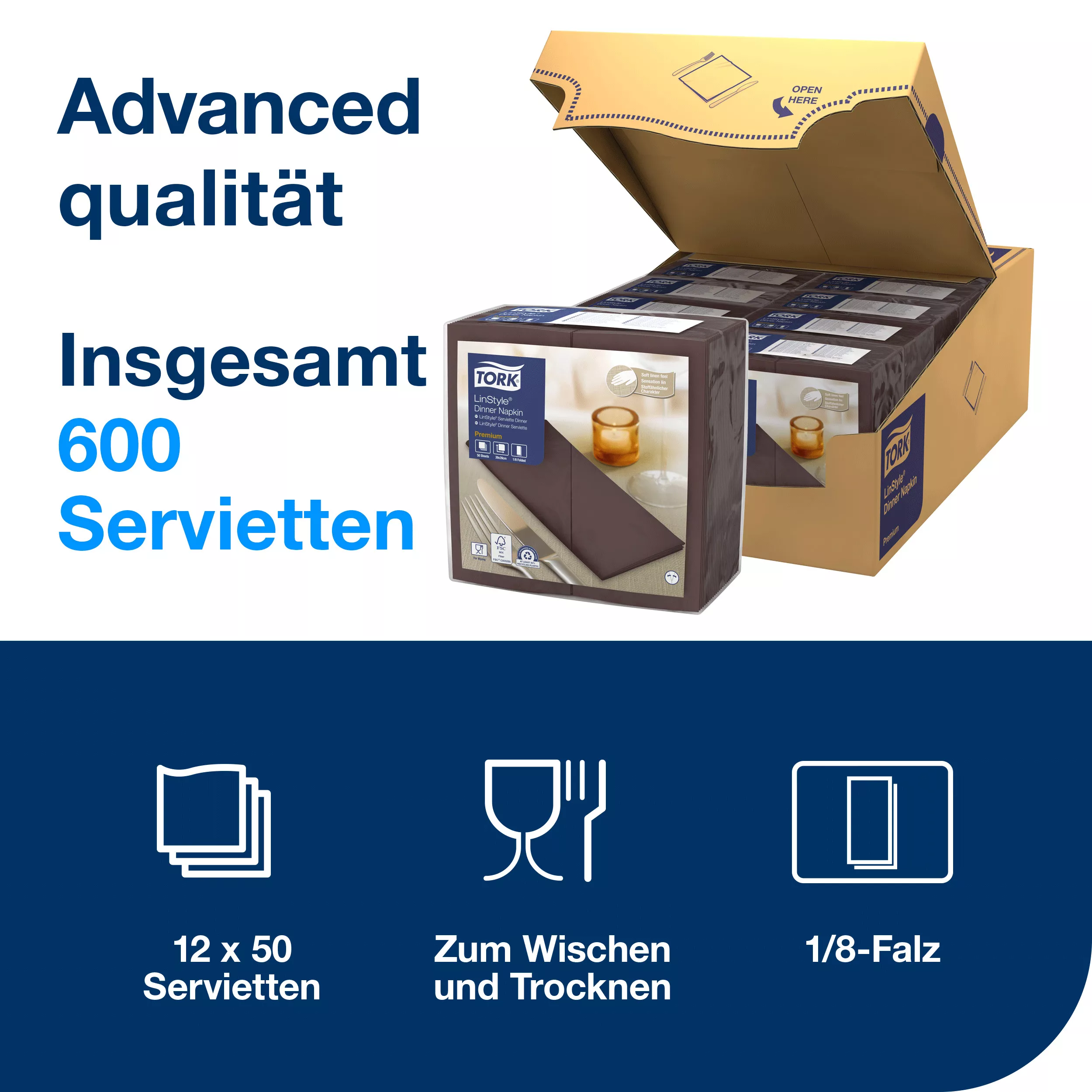 Tork LinStyle® Dinnerservietten Kakao, 1/8‑Falz, 40 cm × 39 cm, 12 × 50 Servietten, 478150