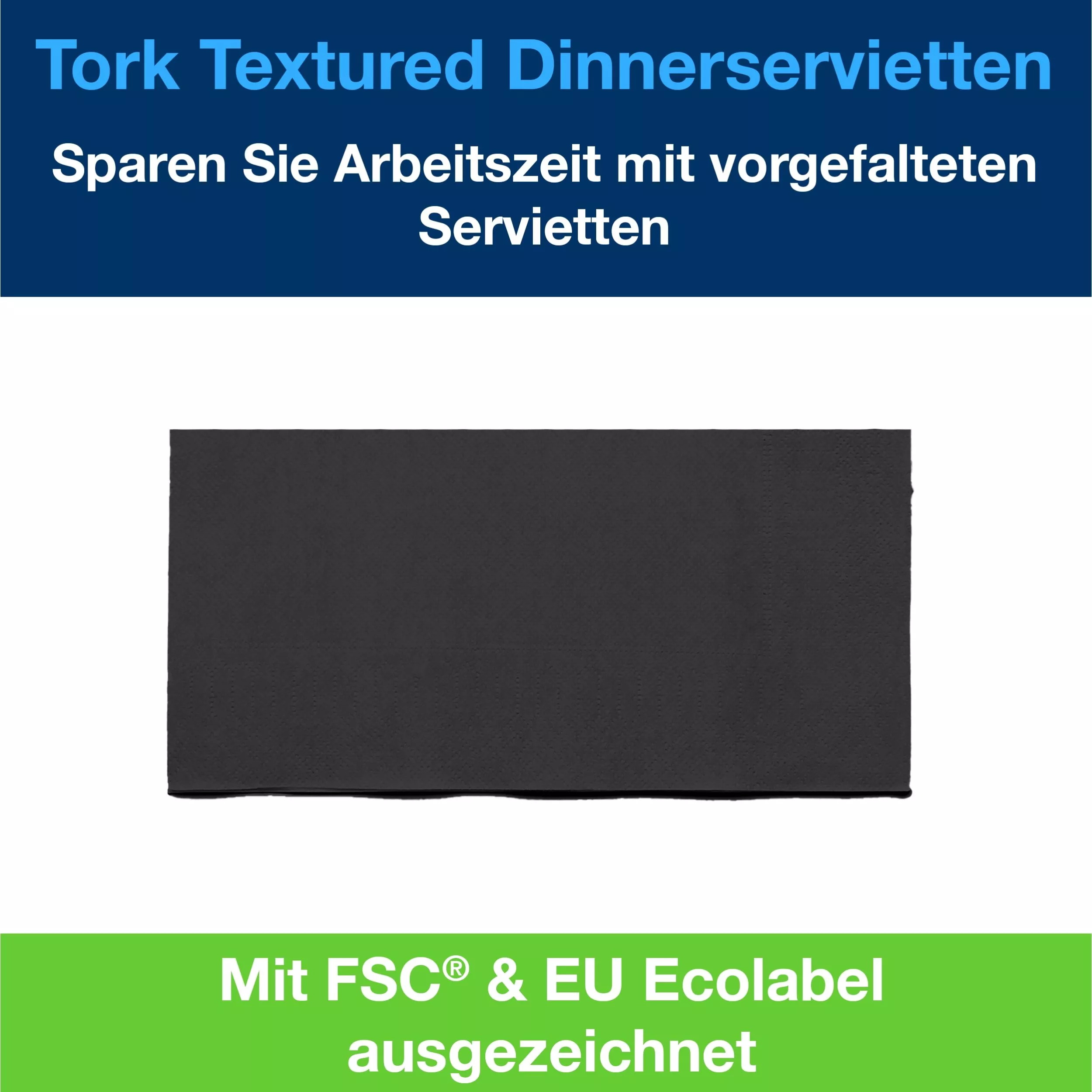 Tork Textured Dinnerserviette Schwarz, 1/8-Falz, 2-lagig, 39.5 cm × 39 cm, 20 × 50 Servietten, 509421
