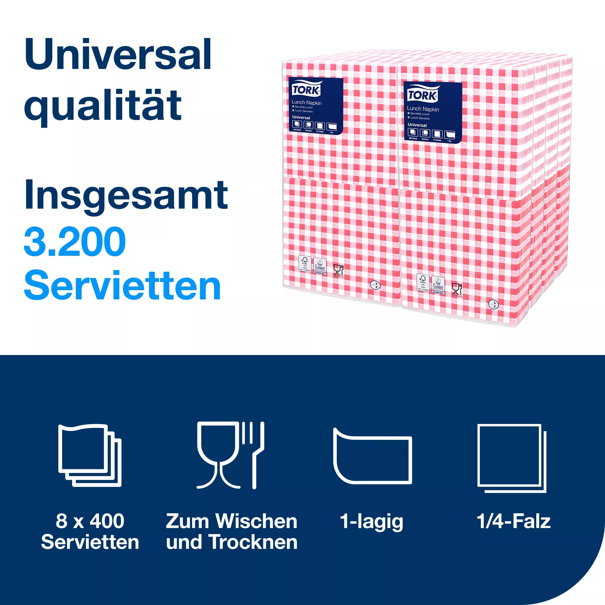 Tork Bistrored Lunchserviette, 1/4-Falz, 1-lagig, 33 cm × 33 cm, 8 × 400 Servietten, 509359
